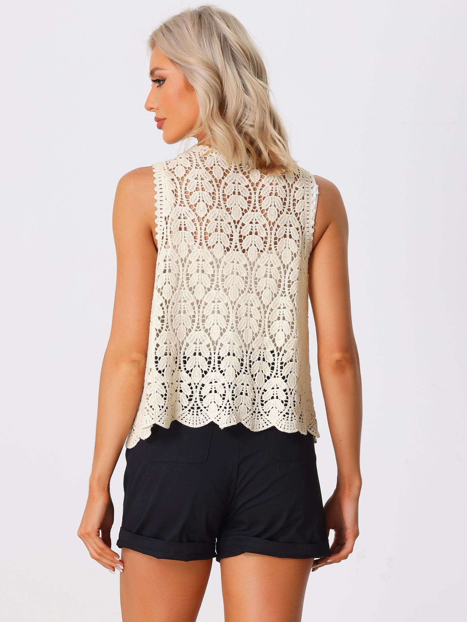 Floral Crochet Hollow Out Sleeveless Open Front Boho Vest Cardigan