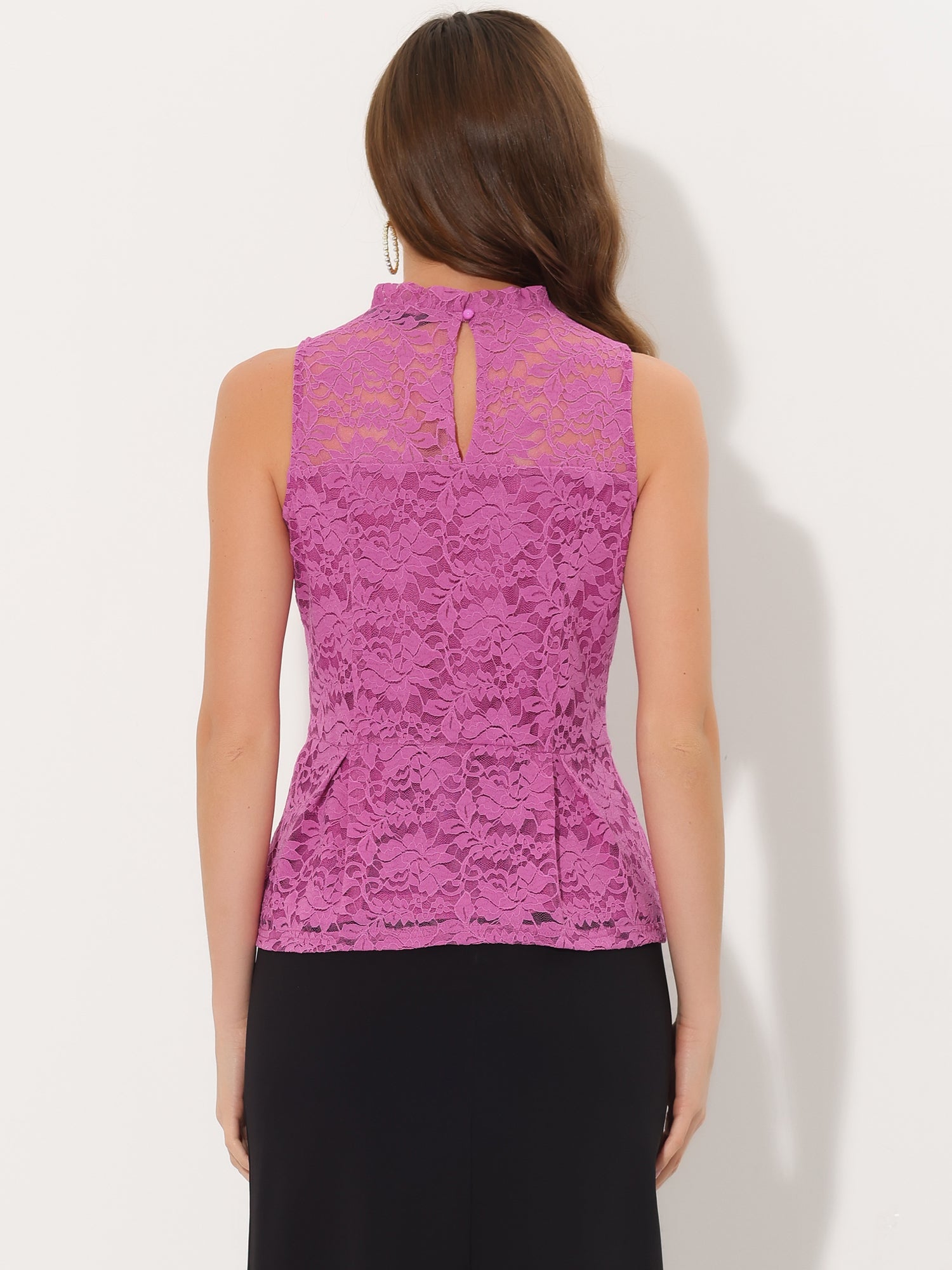 Lace Floral Ruffle Neck Keyhole Back Sleeveless Peplum Top