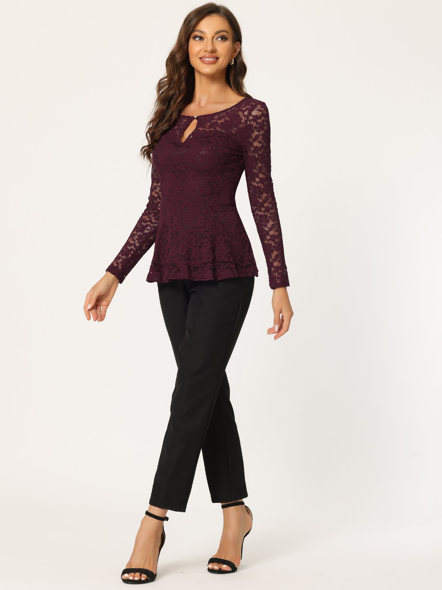 Lace Tops Keyhole Front Peplum Hem Sheer Long Sleeve Blouse