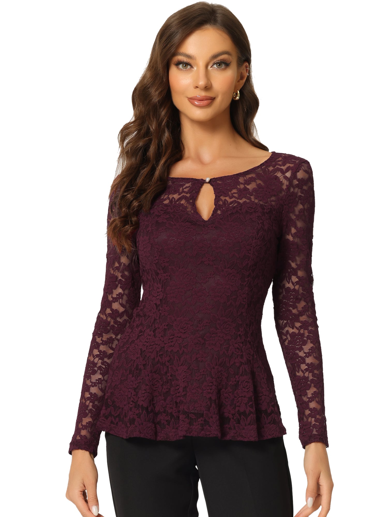Lace Tops Keyhole Front Peplum Hem Sheer Long Sleeve Blouse