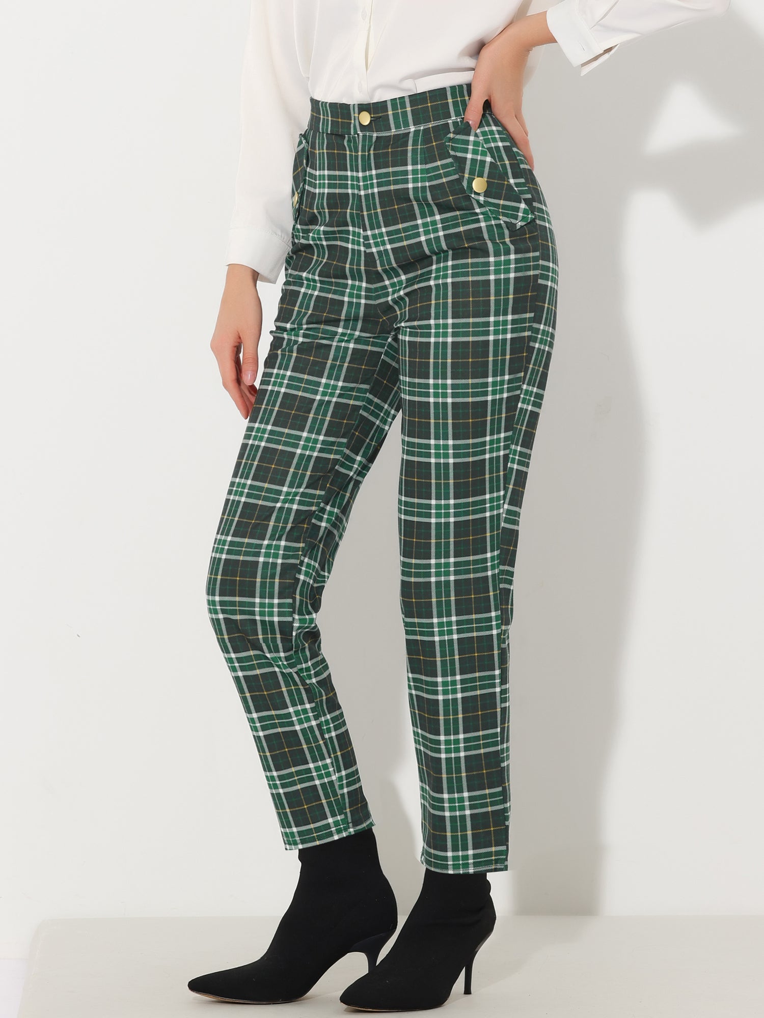 Vintage Tartan Plaid Pants Elastic Waist Straight Long Trousers