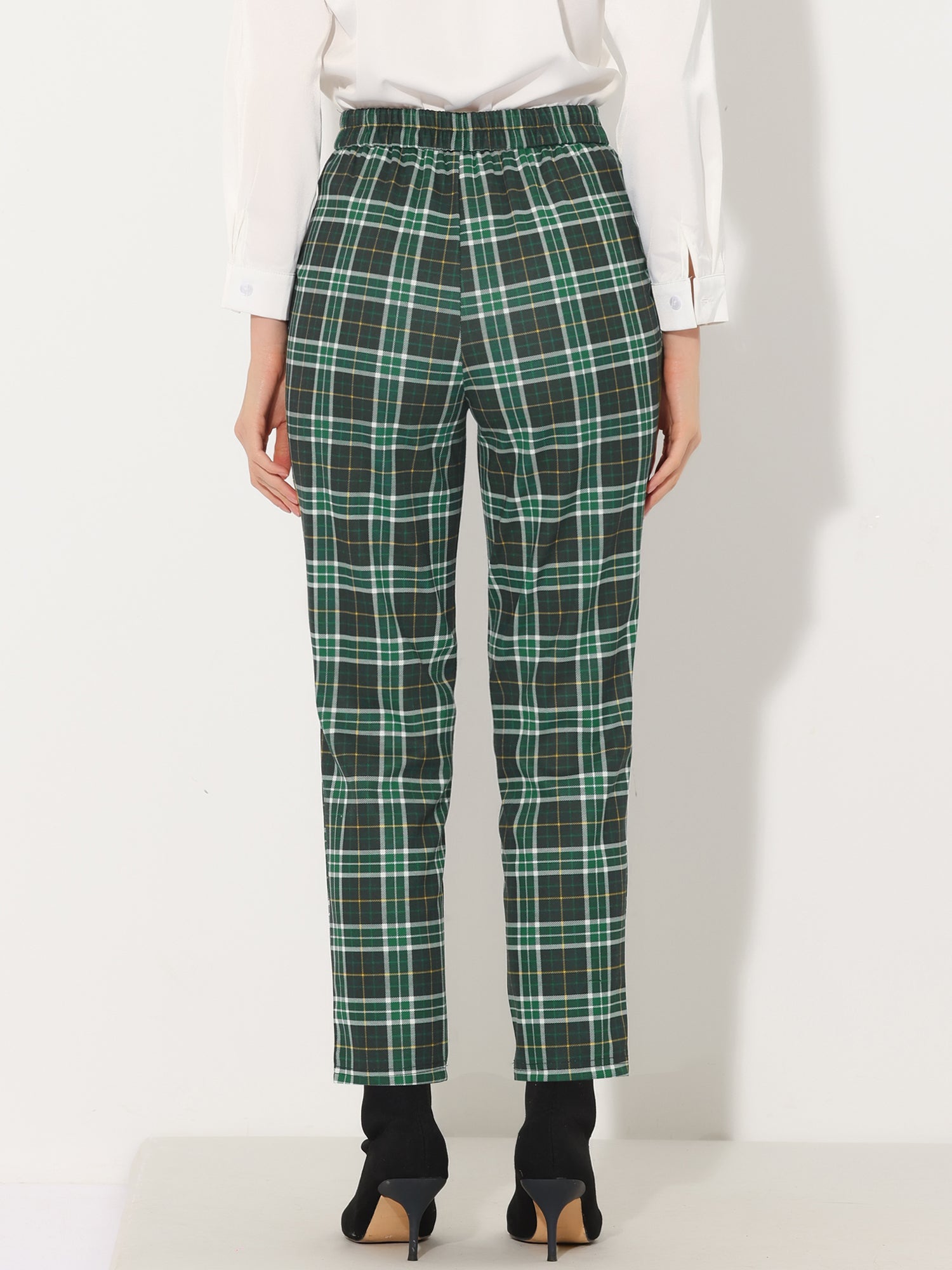 Vintage Tartan Plaid Pants Elastic Waist Straight Long Trousers