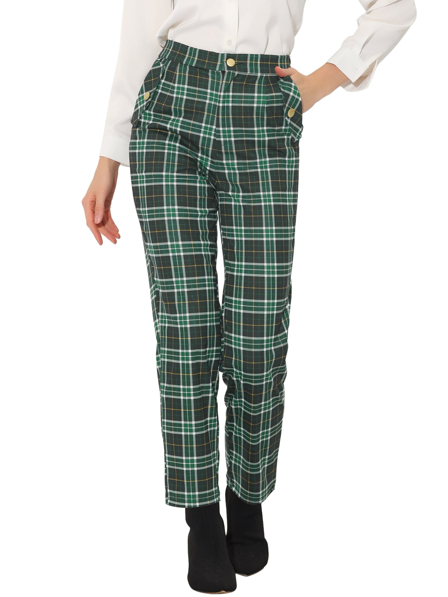 Vintage Tartan Plaid Pants Elastic Waist Straight Long Trousers