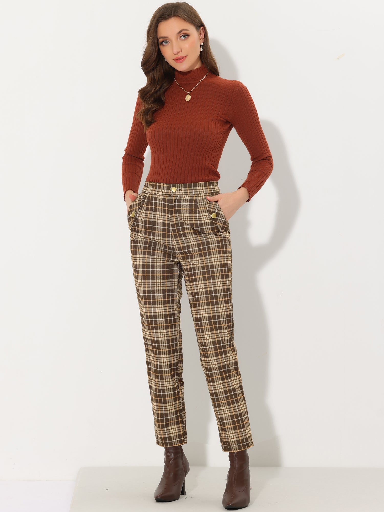 Vintage Tartan Plaid Pants Elastic Waist Straight Long Trousers