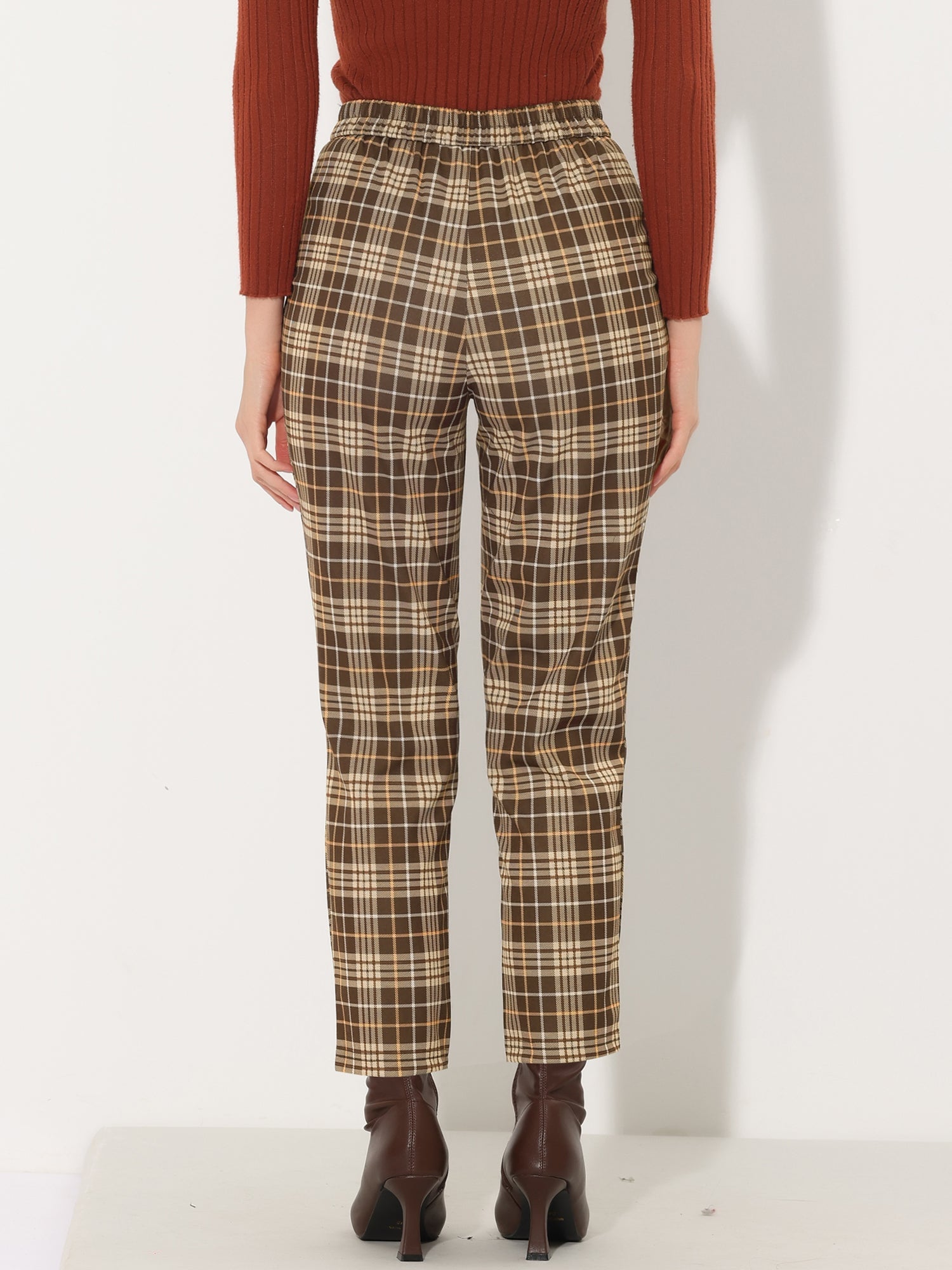Vintage Tartan Plaid Pants Elastic Waist Straight Long Trousers