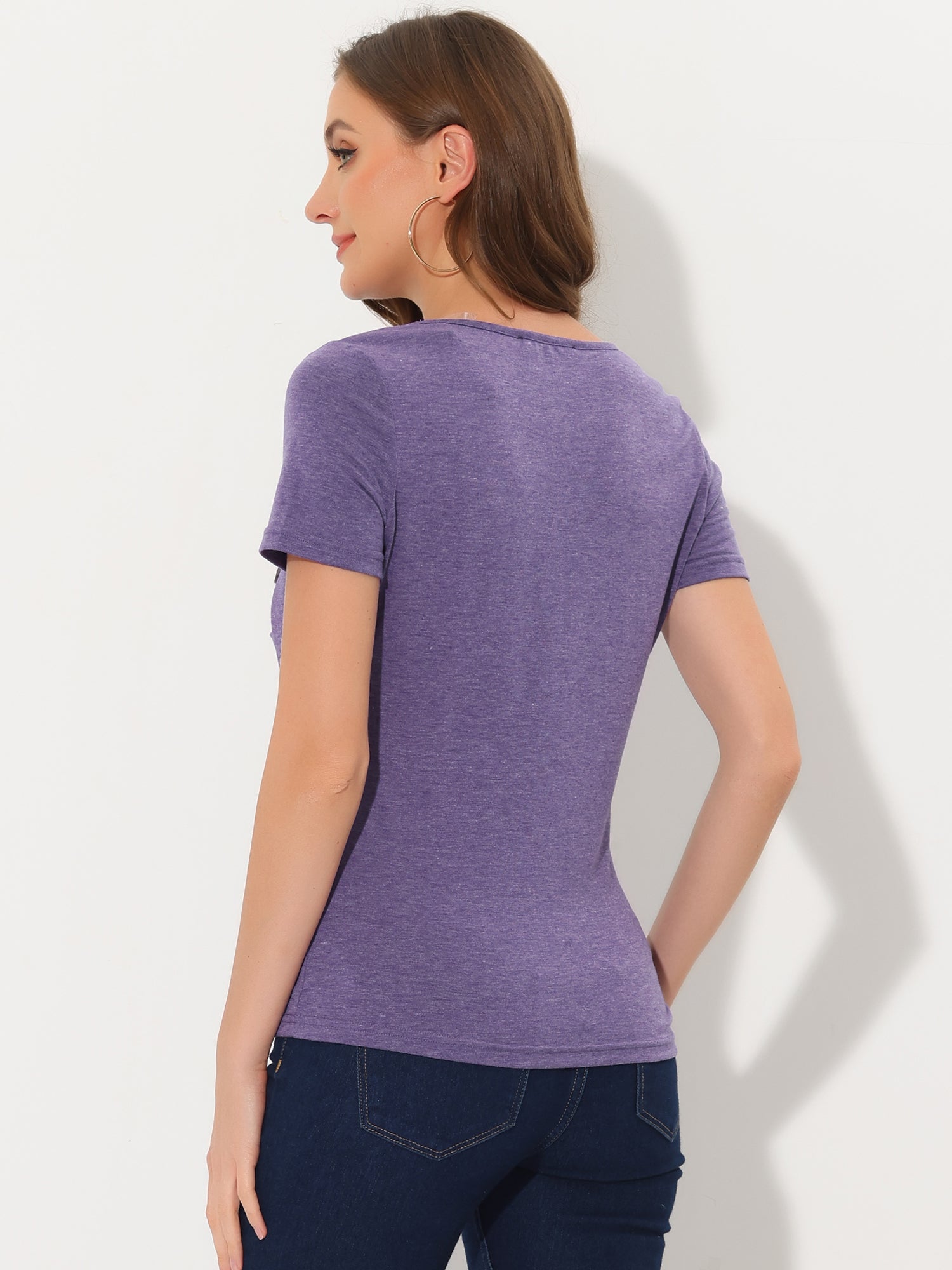 Cowl Neck Short Sleeve Casual Basic Solid Knitted Buttons Decor Ruched Top