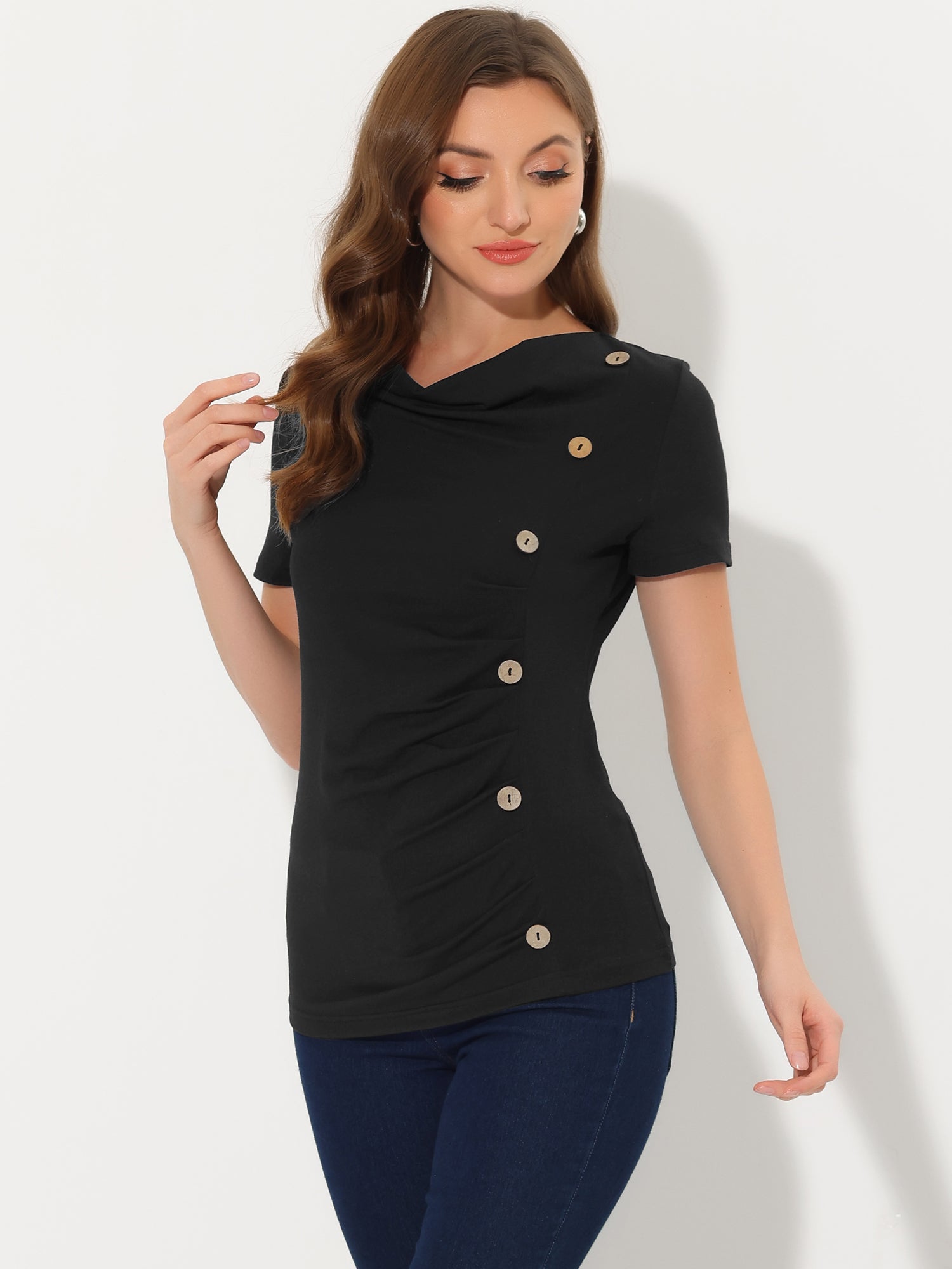 Cowl Neck Short Sleeve Casual Basic Solid Knitted Buttons Decor Ruched Top