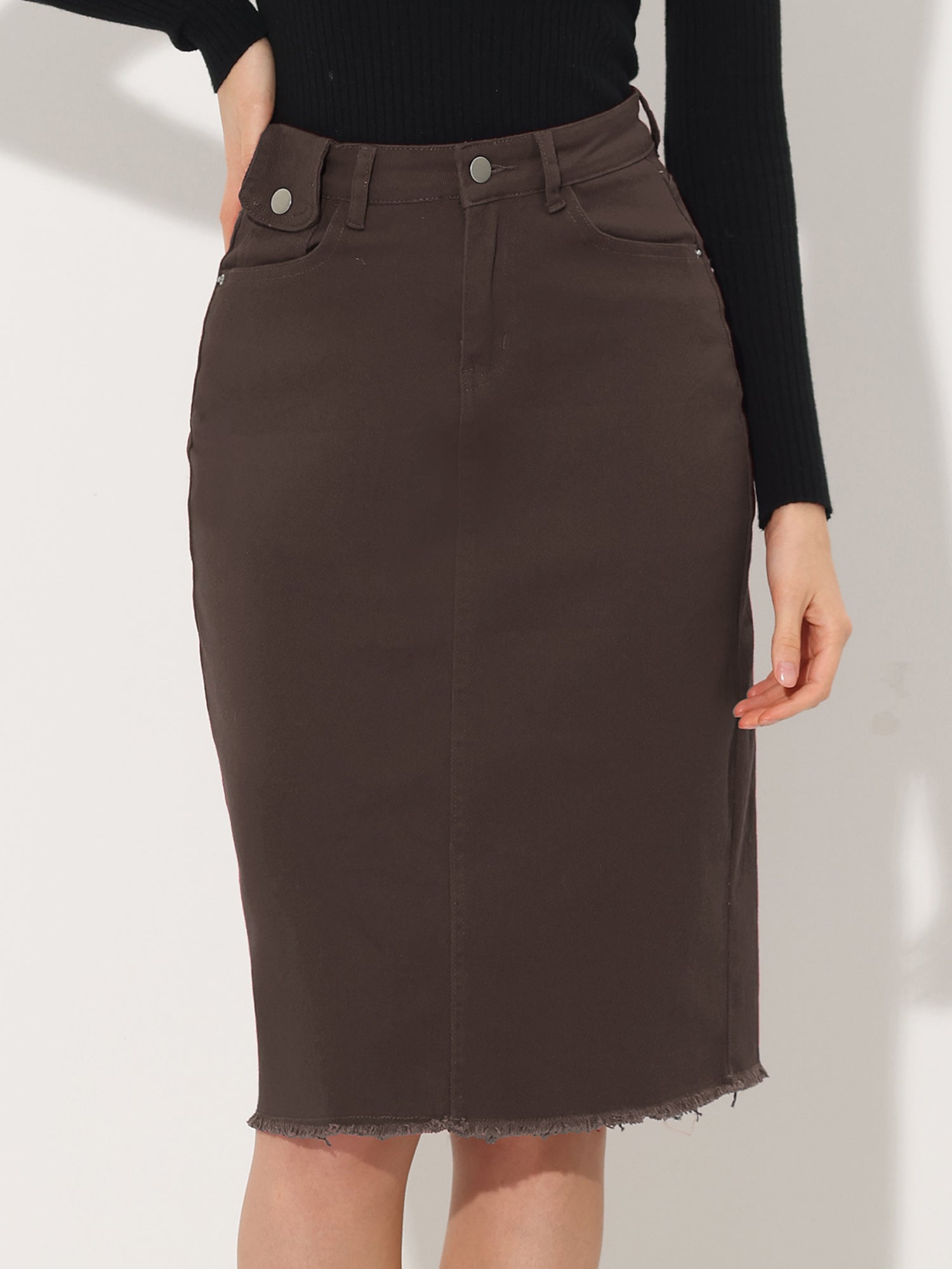 Casual High Waist Back Slit Stretch Denim Midi Skirt