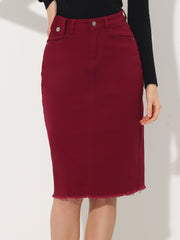 Casual High Waist Back Slit Stretch Denim Midi Jean Skirt