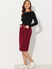 Casual High Waist Back Slit Stretch Denim Midi Jean Skirt