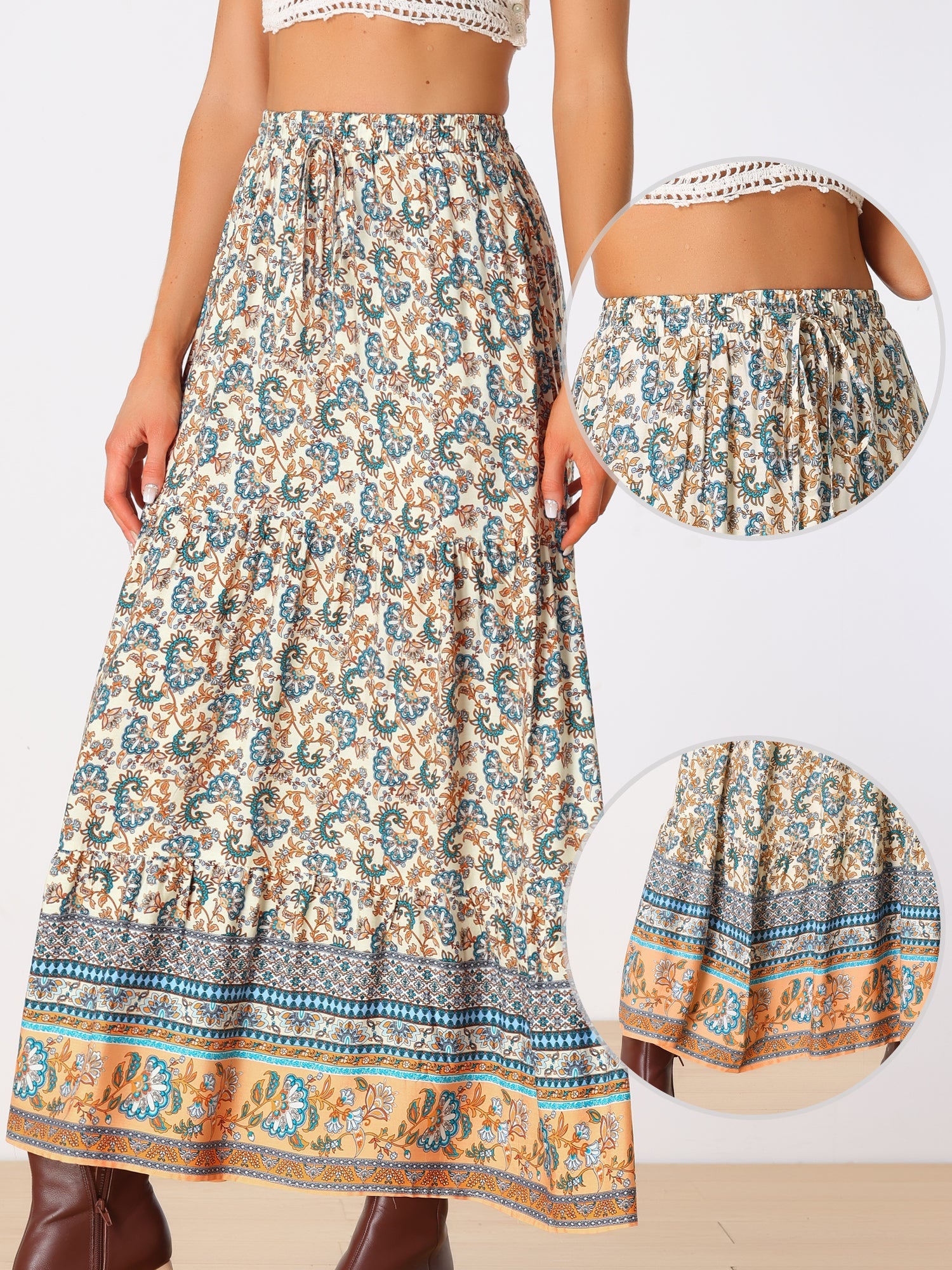 Boho Casual Bohemian Floral Printed Elastic Waist Maxi Skirt