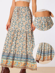 Boho Casual Bohemian Floral Printed Elastic Waist Maxi Skirt