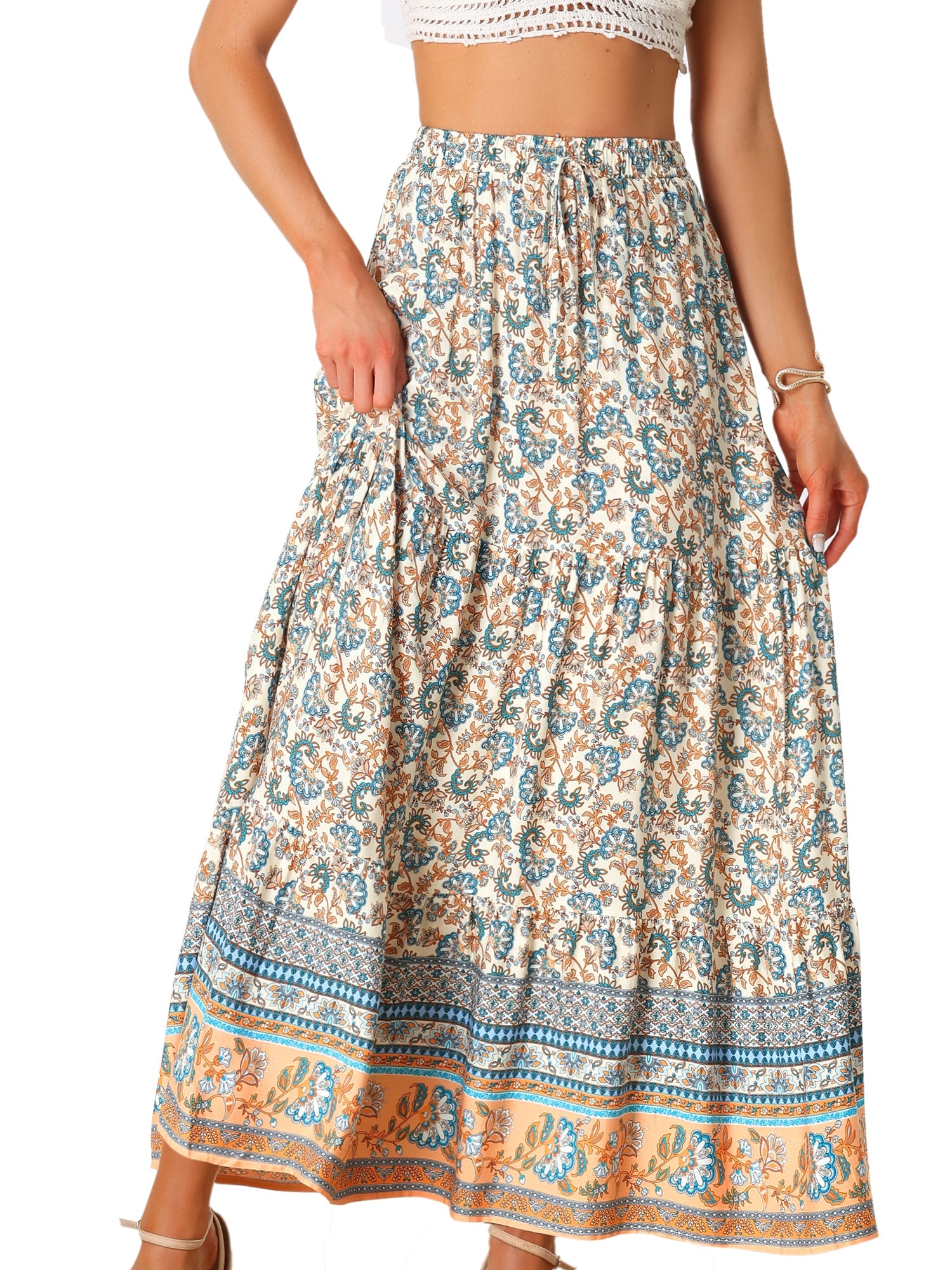Boho Casual Bohemian Floral Printed Elastic Waist Maxi Skirt