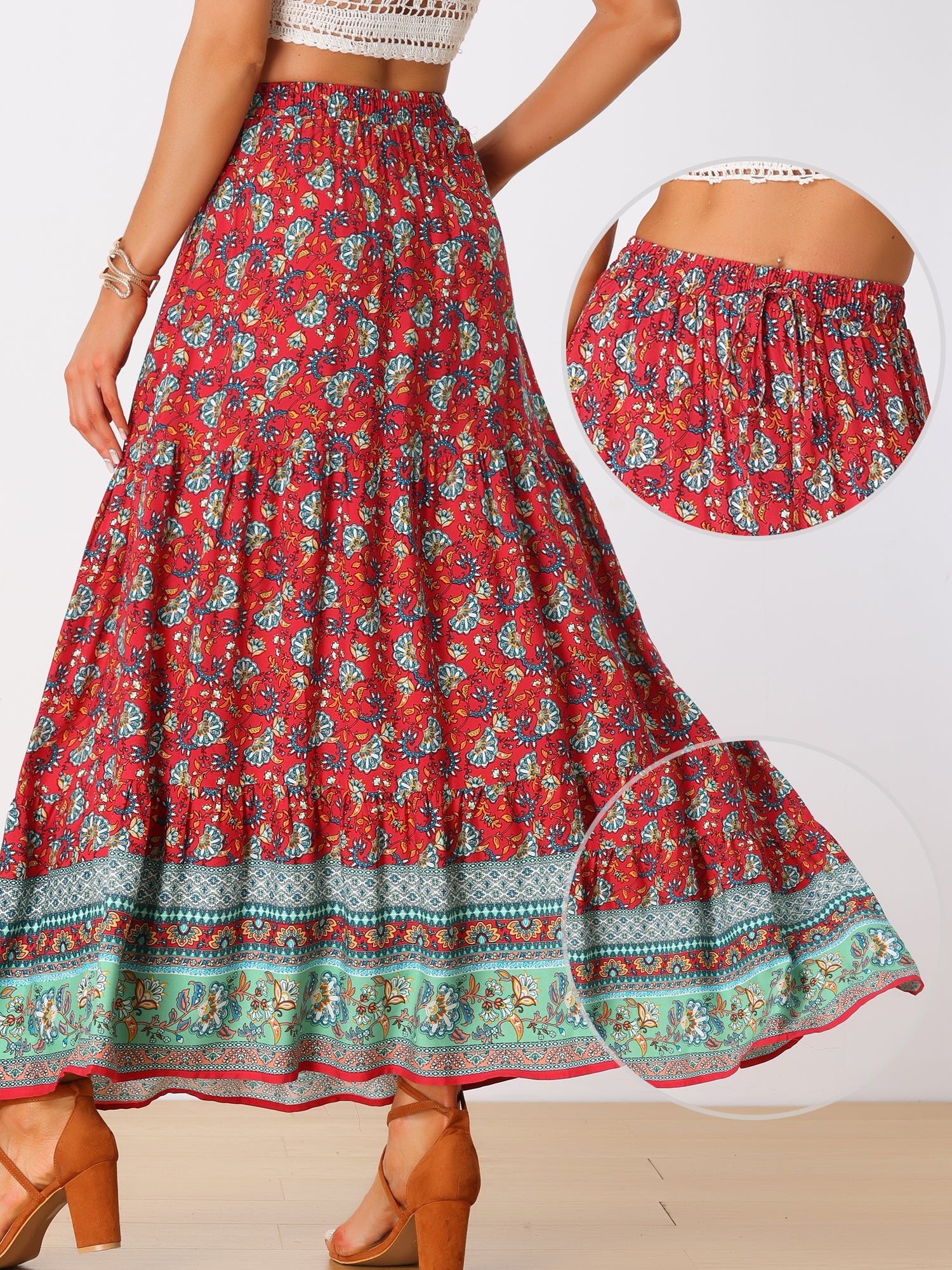 Boho Casual Bohemian Floral Printed Elastic Waist Maxi Skirt