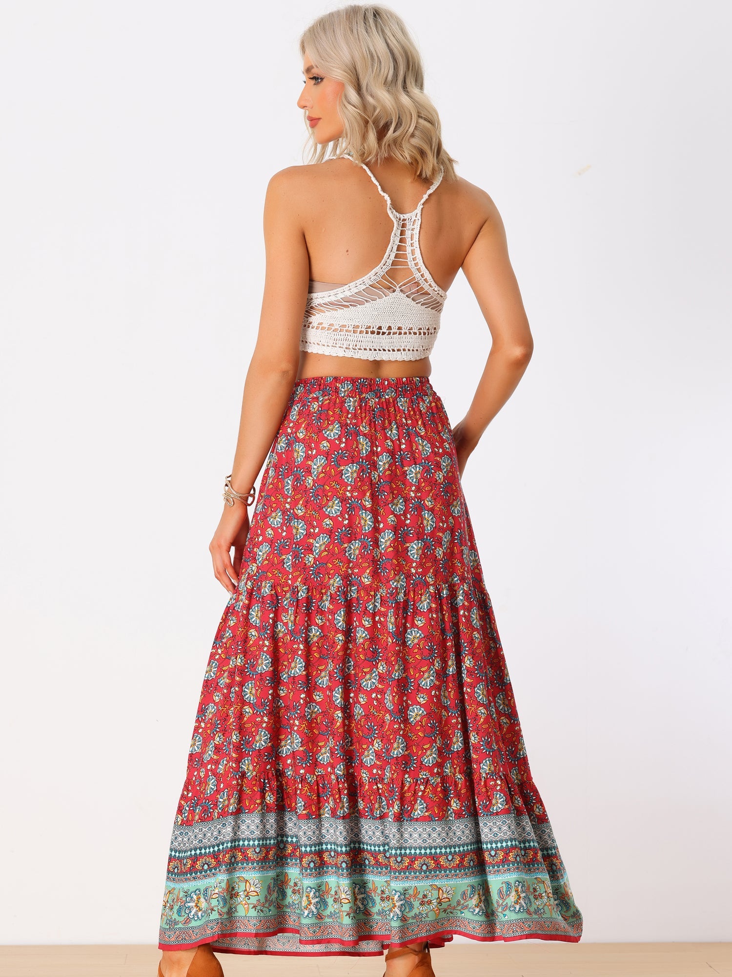 Boho Casual Bohemian Floral Printed Elastic Waist Maxi Skirt