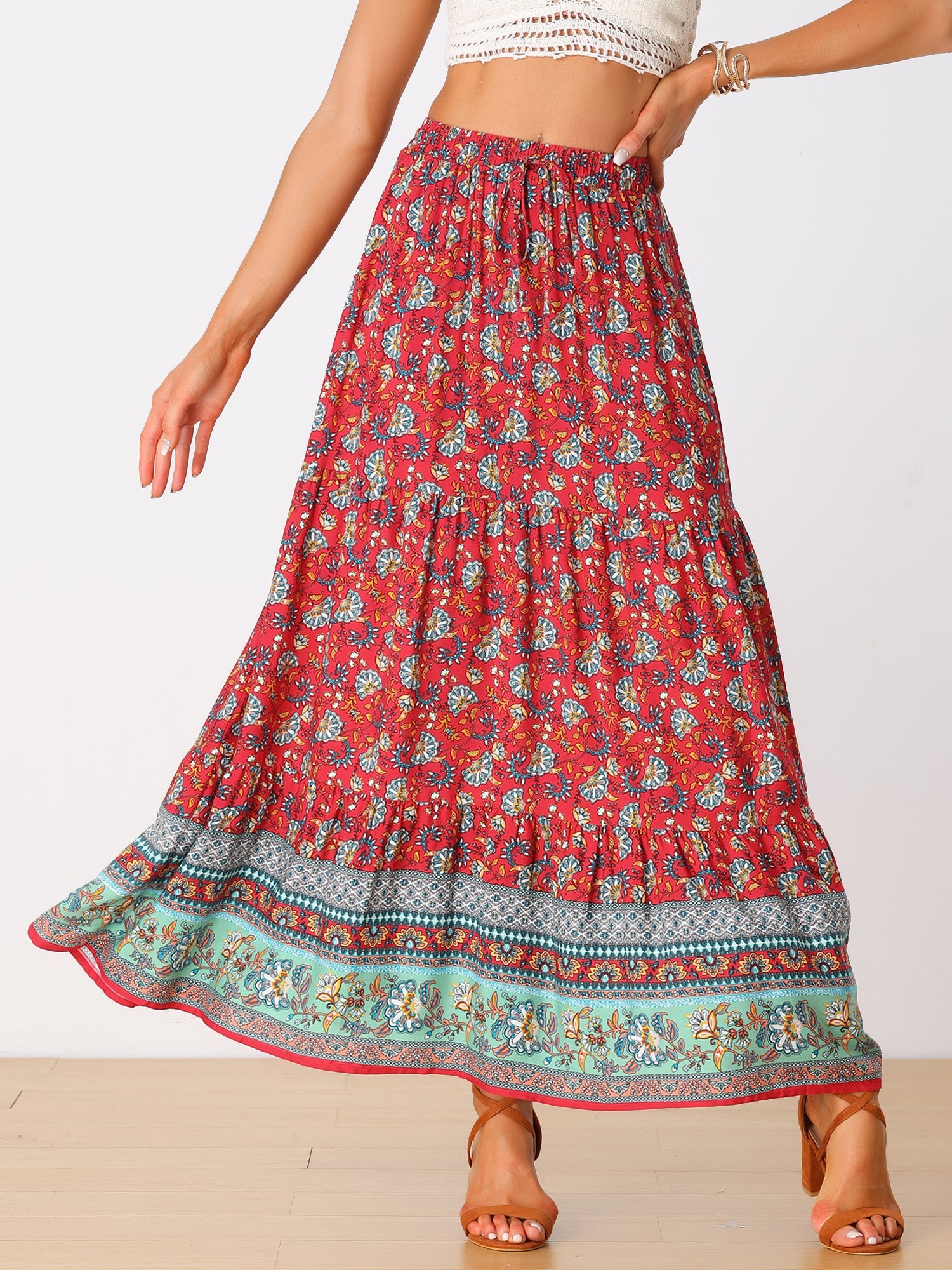 Boho Casual Bohemian Floral Printed Elastic Waist Maxi Skirt