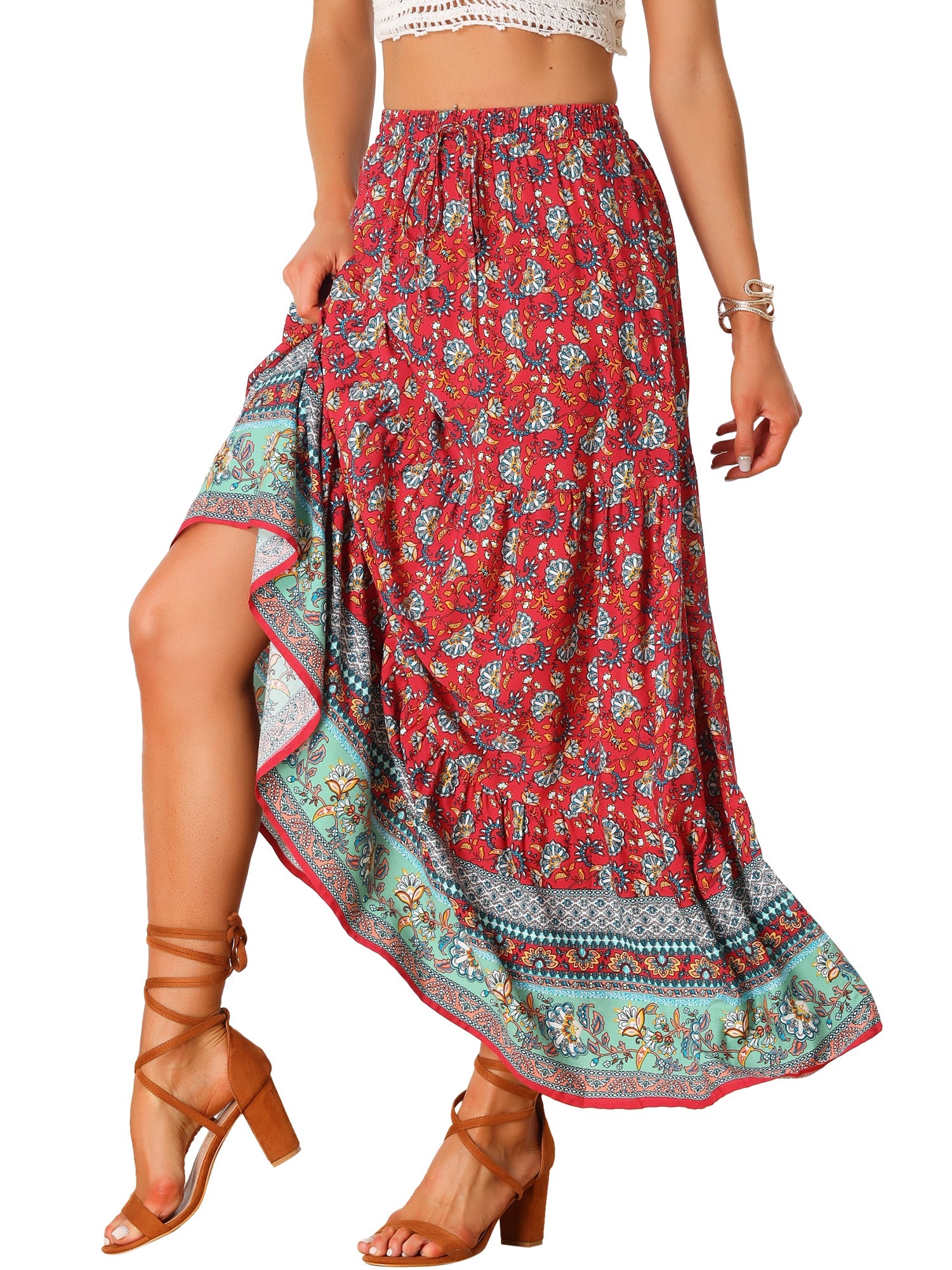 Boho Casual Bohemian Floral Printed Elastic Waist Maxi Skirt