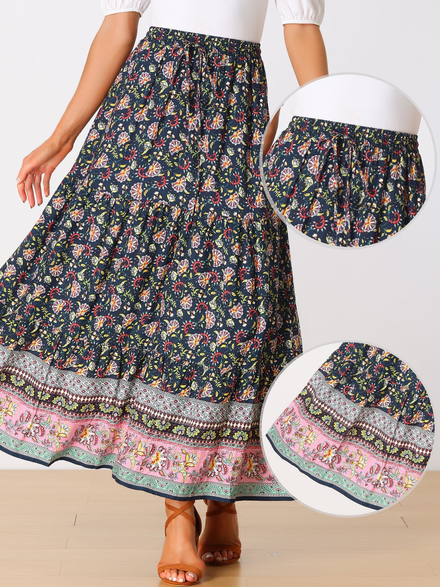 Boho Casual Bohemian Floral Printed Elastic Waist Maxi Skirt