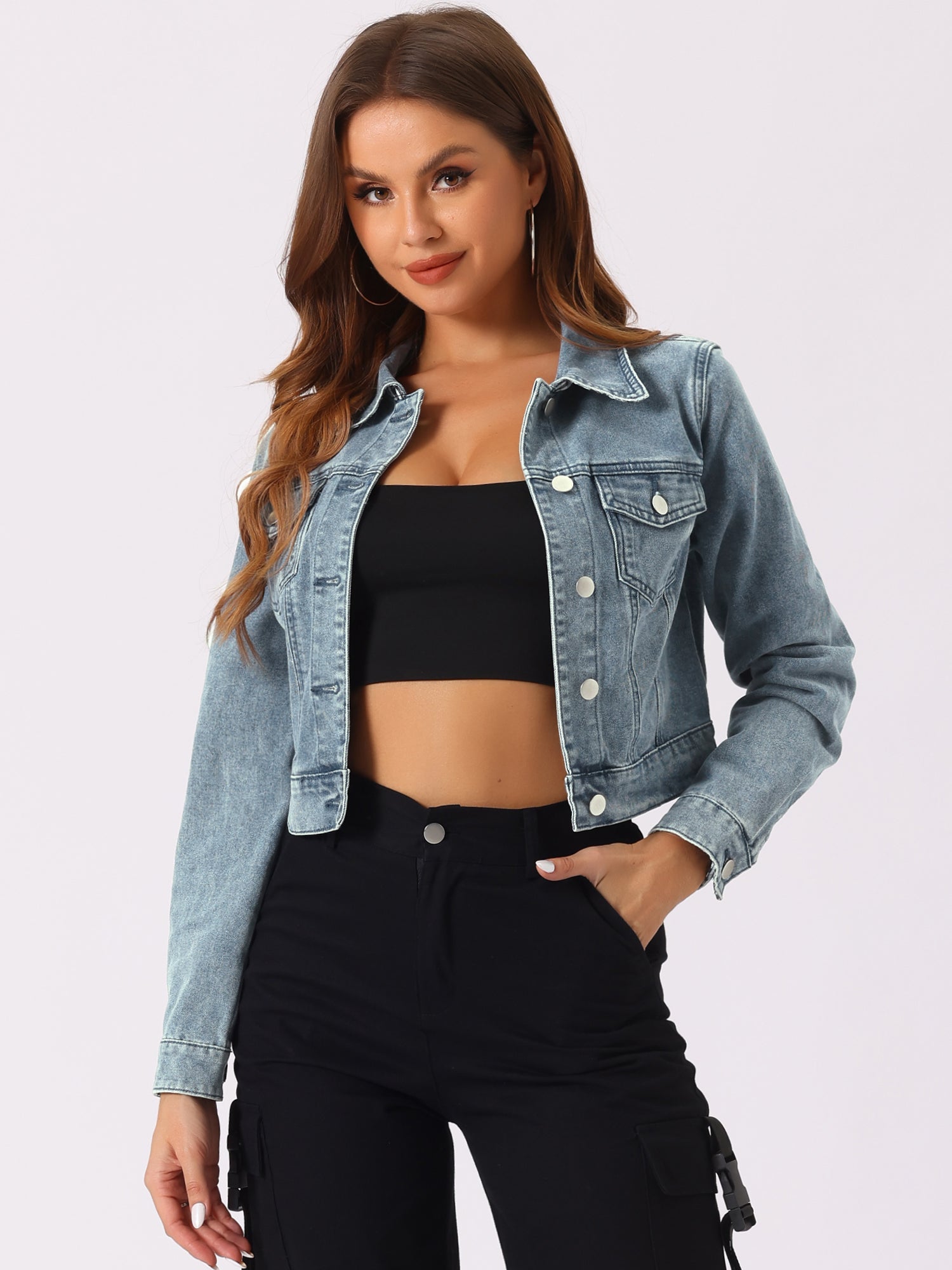 Button Down Long Sleeve Casual Cropped Denim Jacket