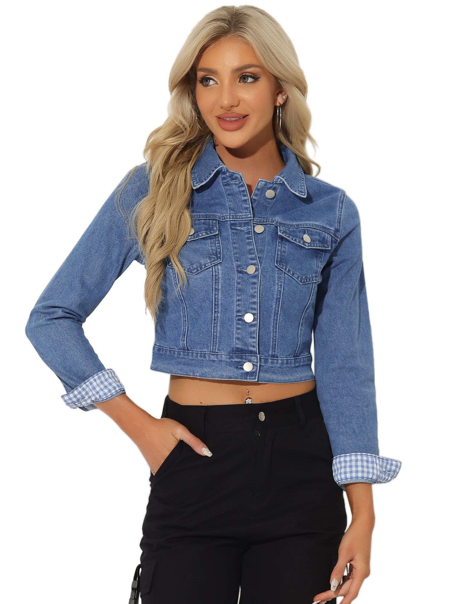 Button Down Long Sleeve Casual Cropped Denim Jacket