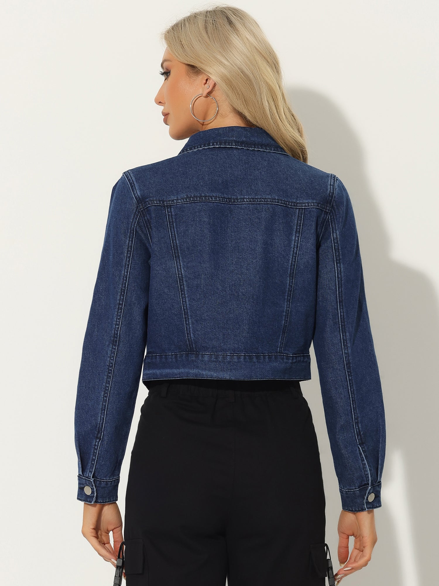Button Down Long Sleeve Casual Cropped Denim Jacket