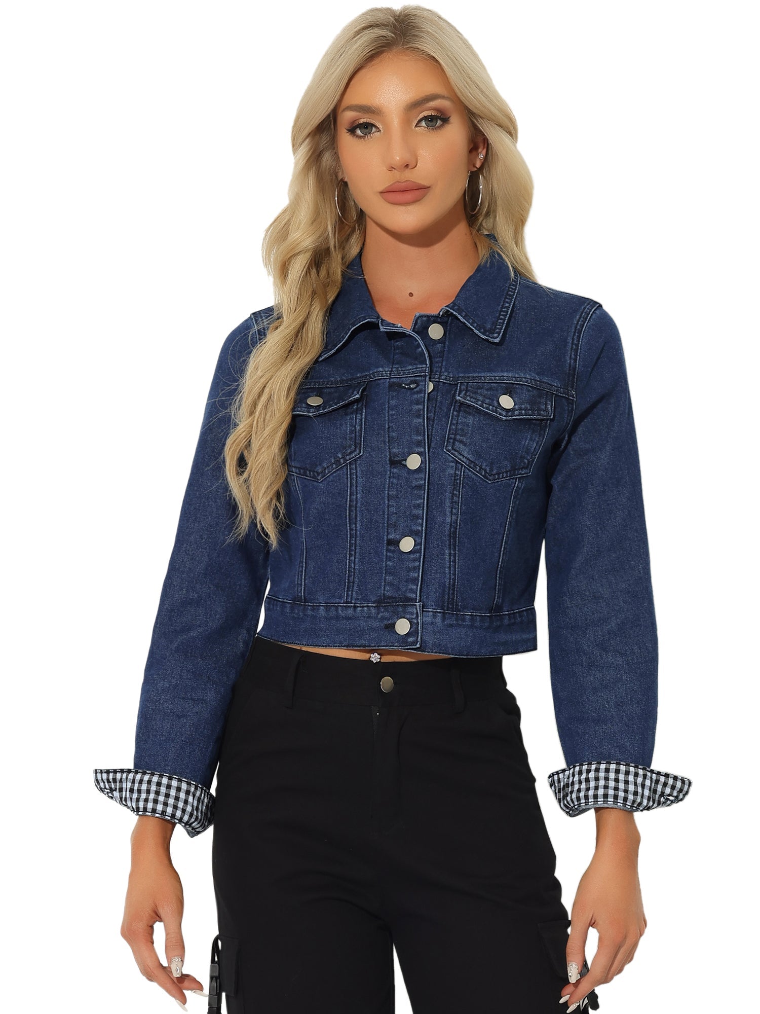 Button Down Long Sleeve Casual Cropped Denim Jacket