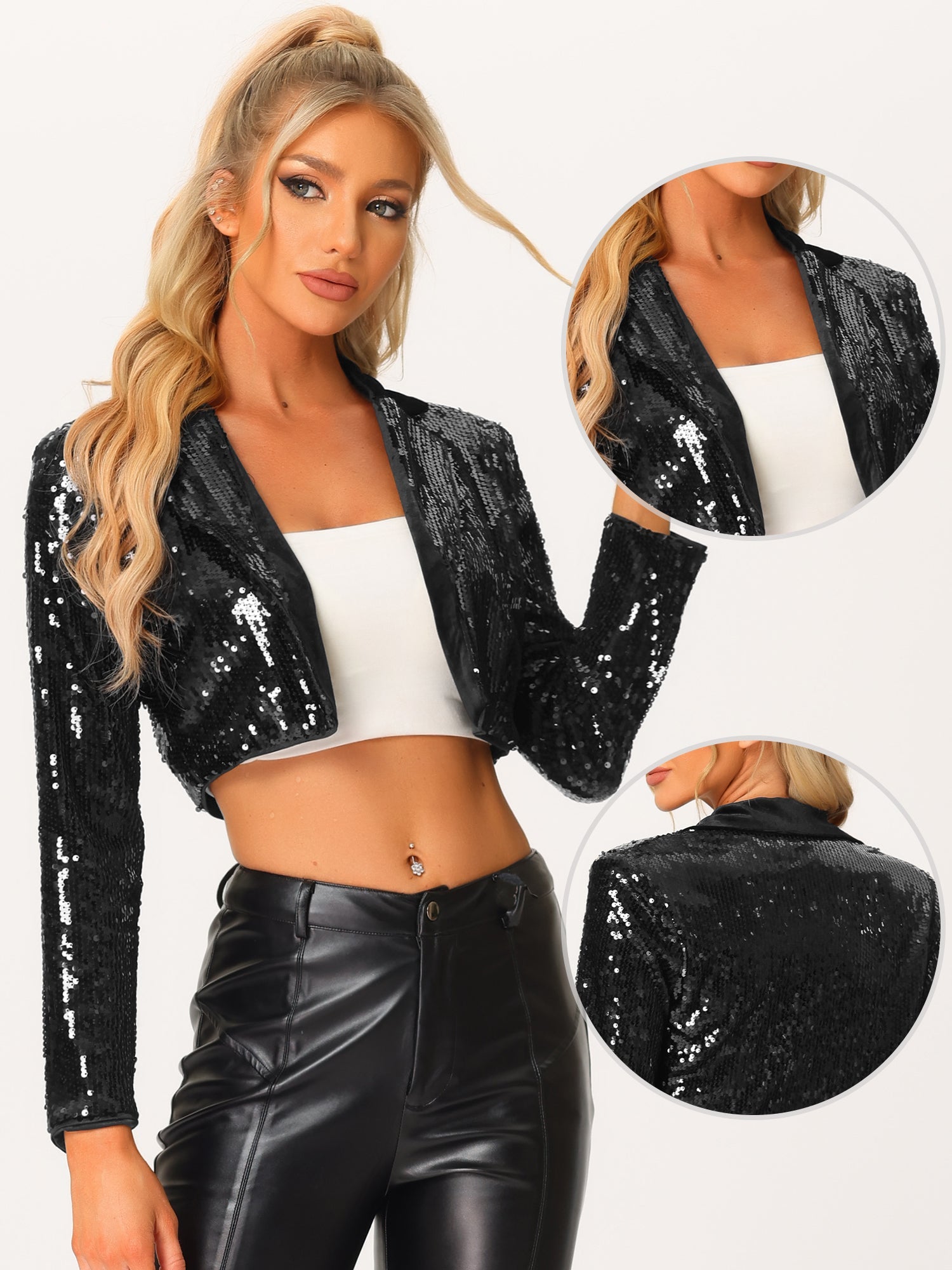 Open Front Blazer Notched Lapel Long Sleeve Sparkly Sequin Jacket