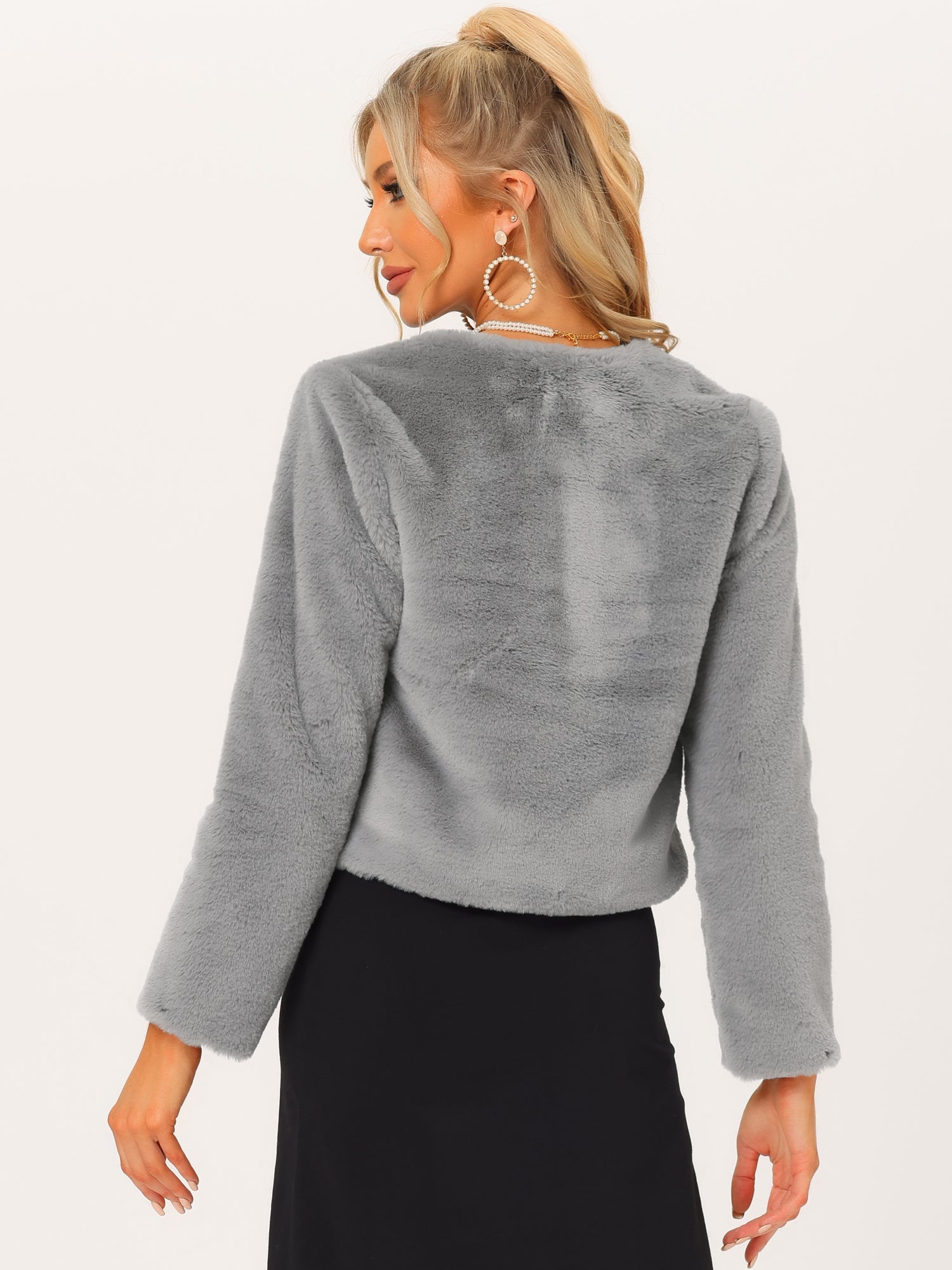 Faux Fur Long Sleeve Open Front Bolero Winter Coat Cropped Jacket