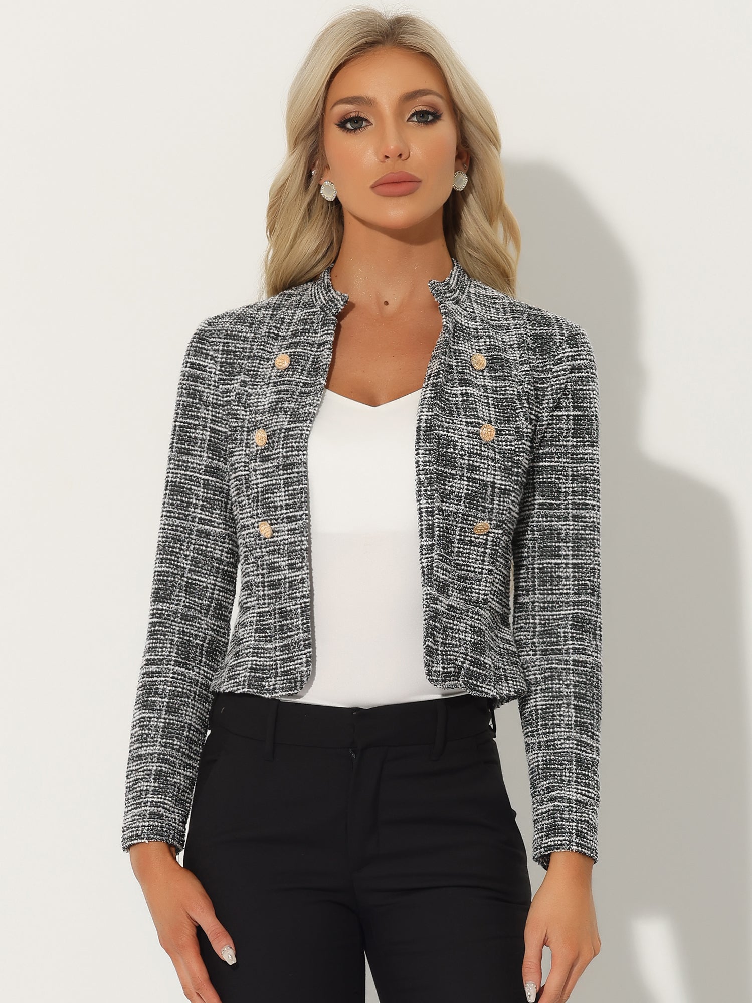 Vintage Tweed Plaid Slim Fit Work Office Cropped Jacket