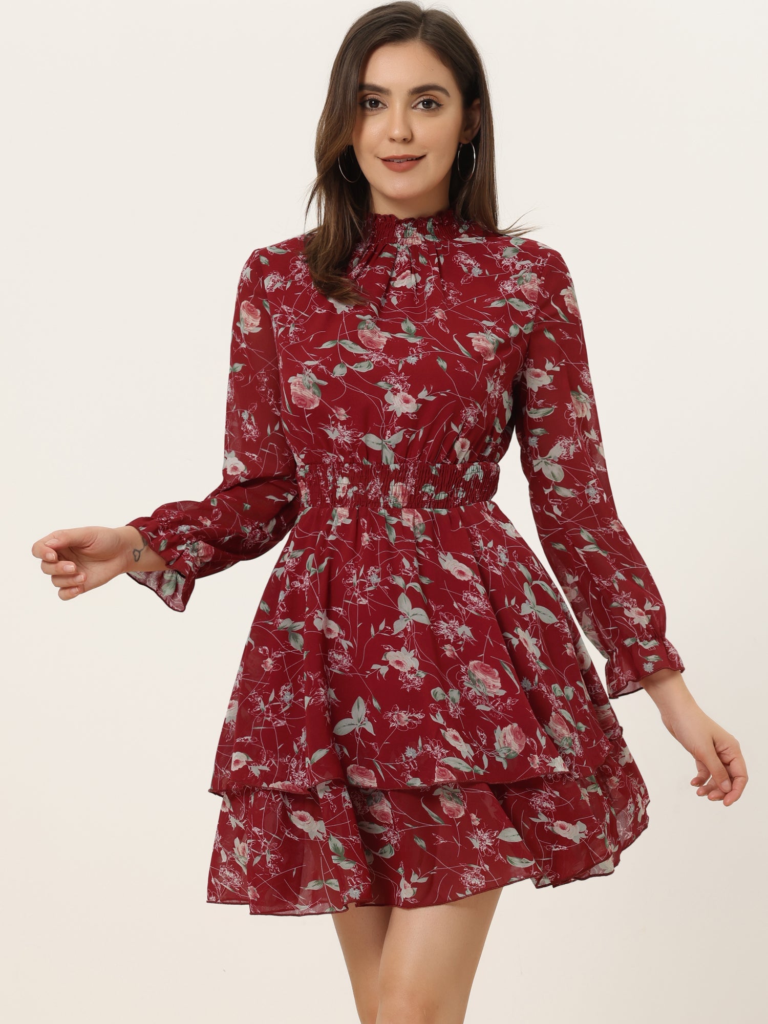 Floral Chiffon Long Sleeve Mock Neck Ruffle Layered Mini Dress