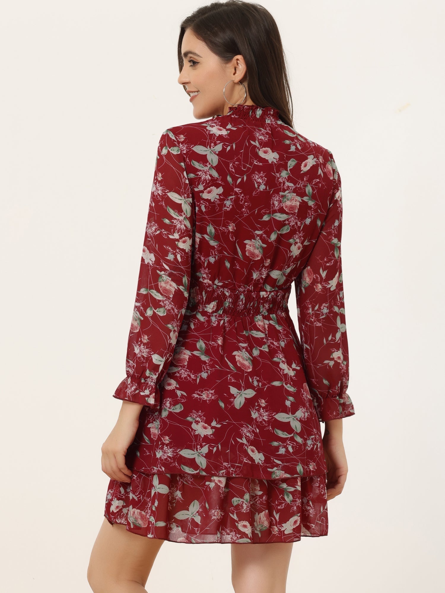 Floral Chiffon Long Sleeve Mock Neck Ruffle Layered Mini Dress