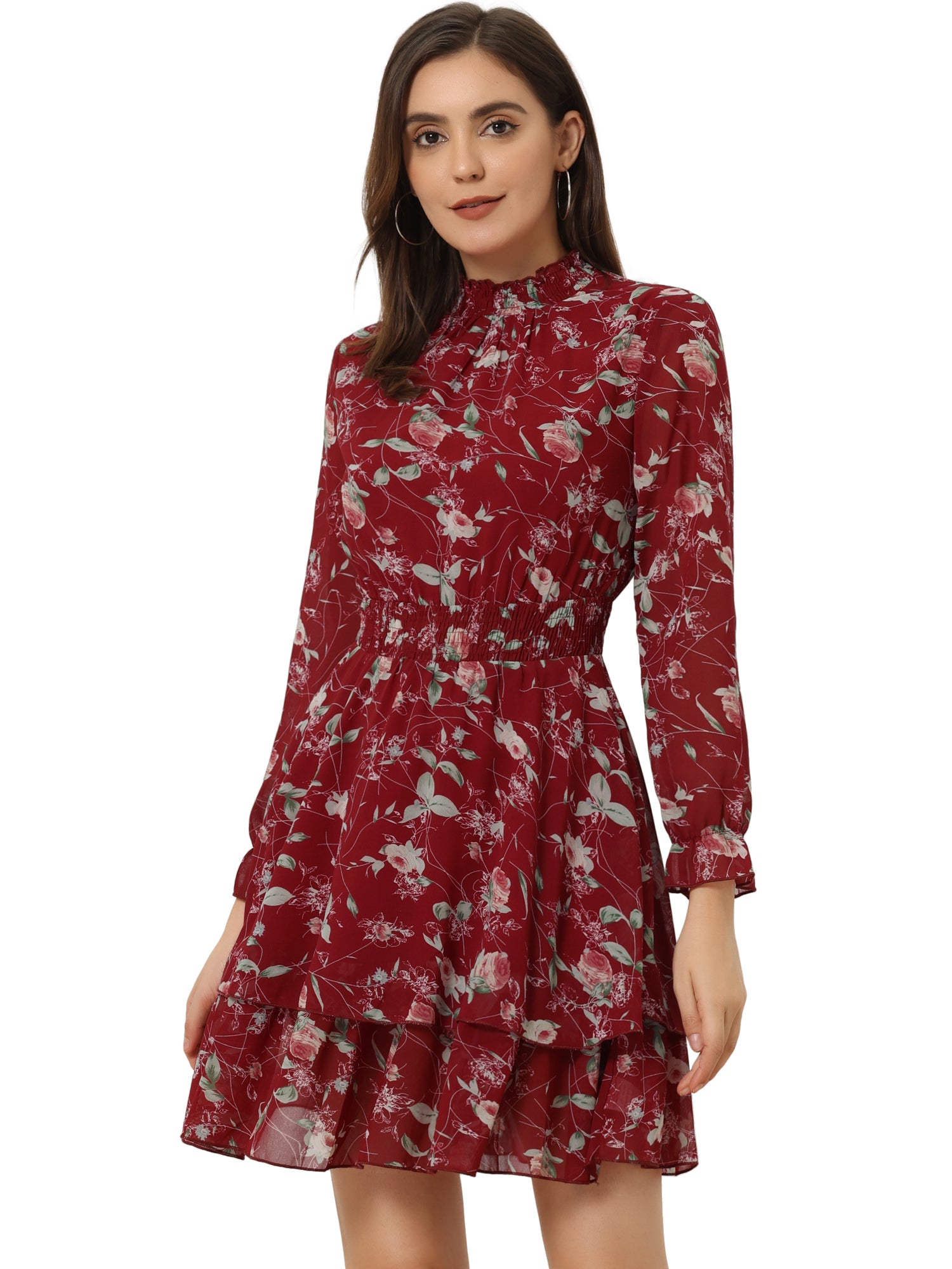 Floral Chiffon Long Sleeve Mock Neck Ruffle Layered Mini Dress