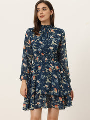 Floral Chiffon Long Sleeve Mock Neck Ruffle Layered Mini Dress