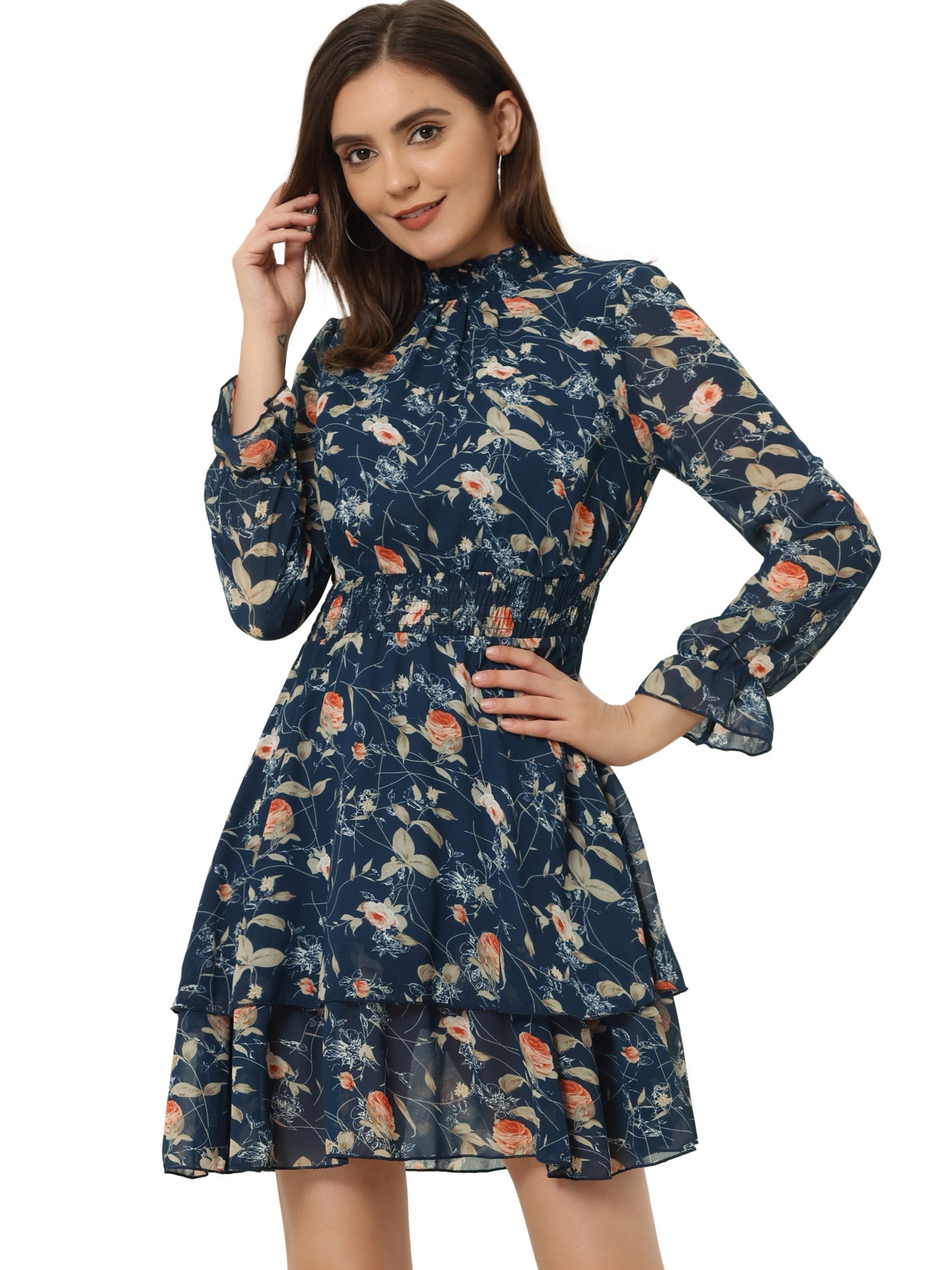 Floral Chiffon Long Sleeve Mock Neck Ruffle Layered Mini Dress