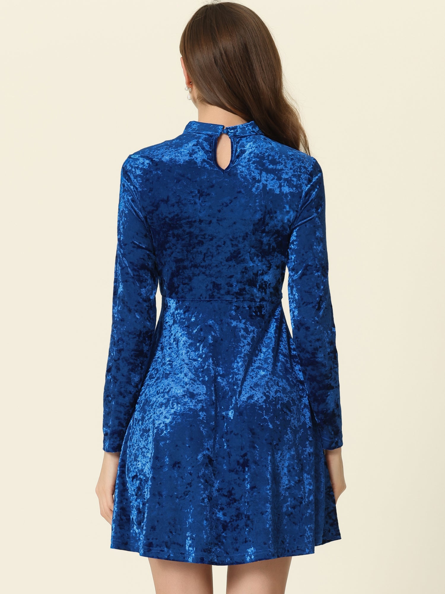 Keyhole Neck High Waist Long Sleeve Velvet Swing Mini Dress