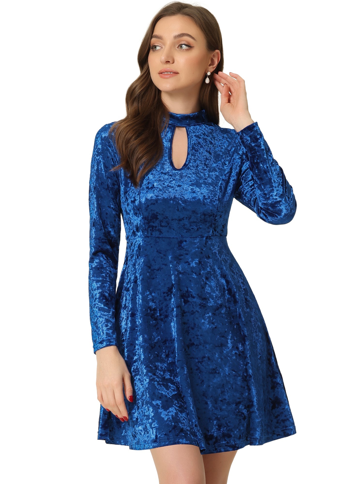 Keyhole Neck High Waist Long Sleeve Velvet Swing Mini Dress