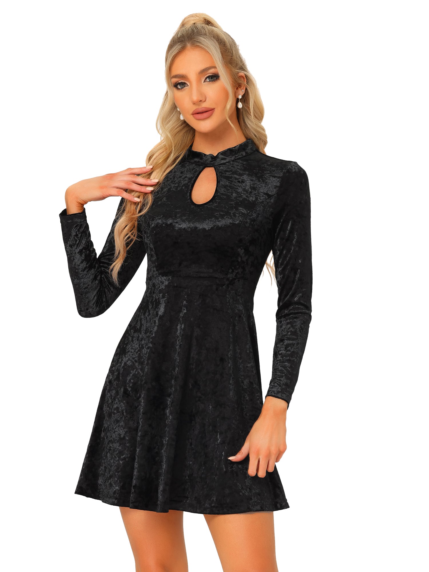 Keyhole Neck High Waist Long Sleeve Velvet Swing Mini Dress