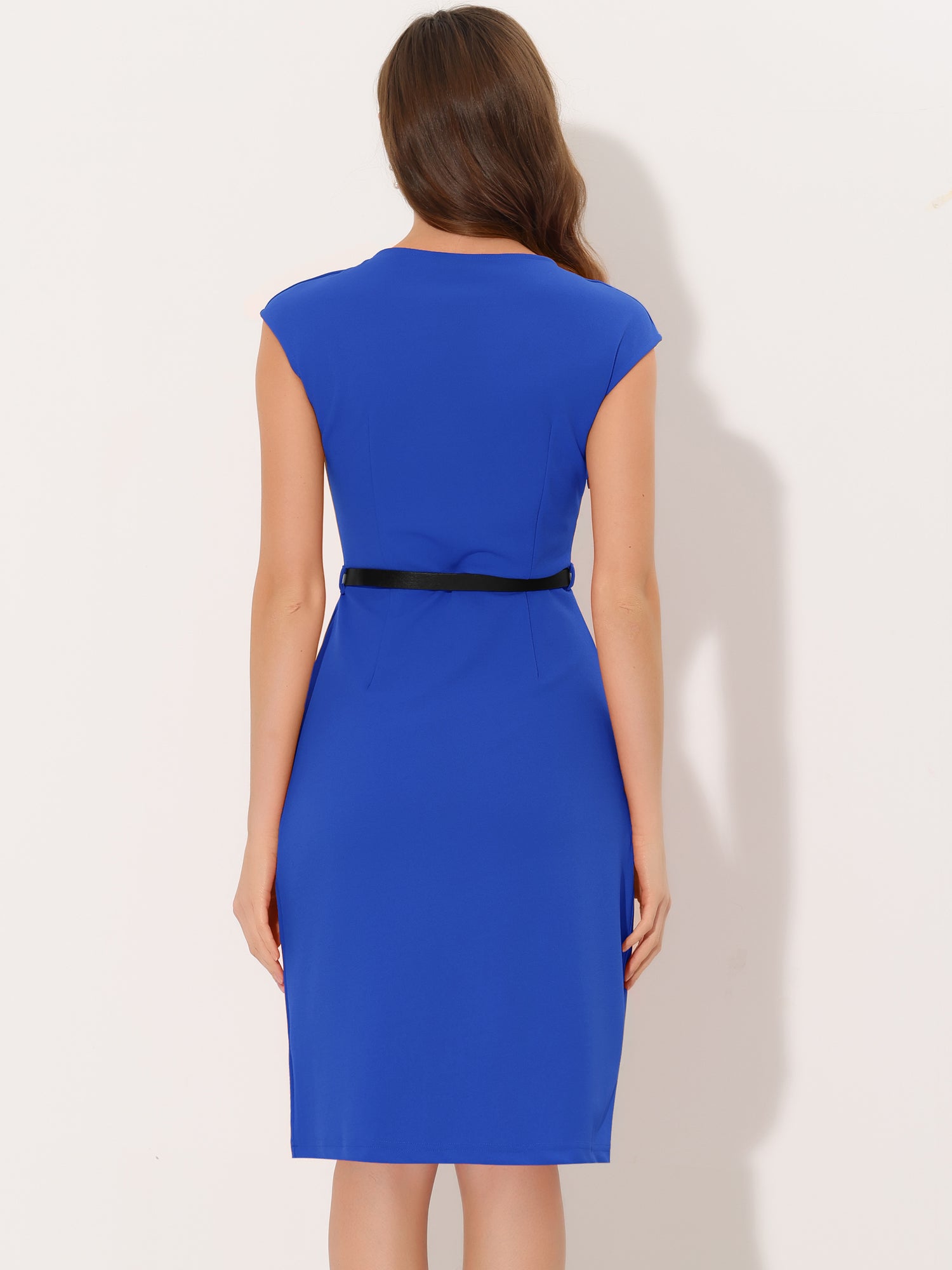 Elegant Business Cap Sleeve Belted Pencil Work Sheath Dress