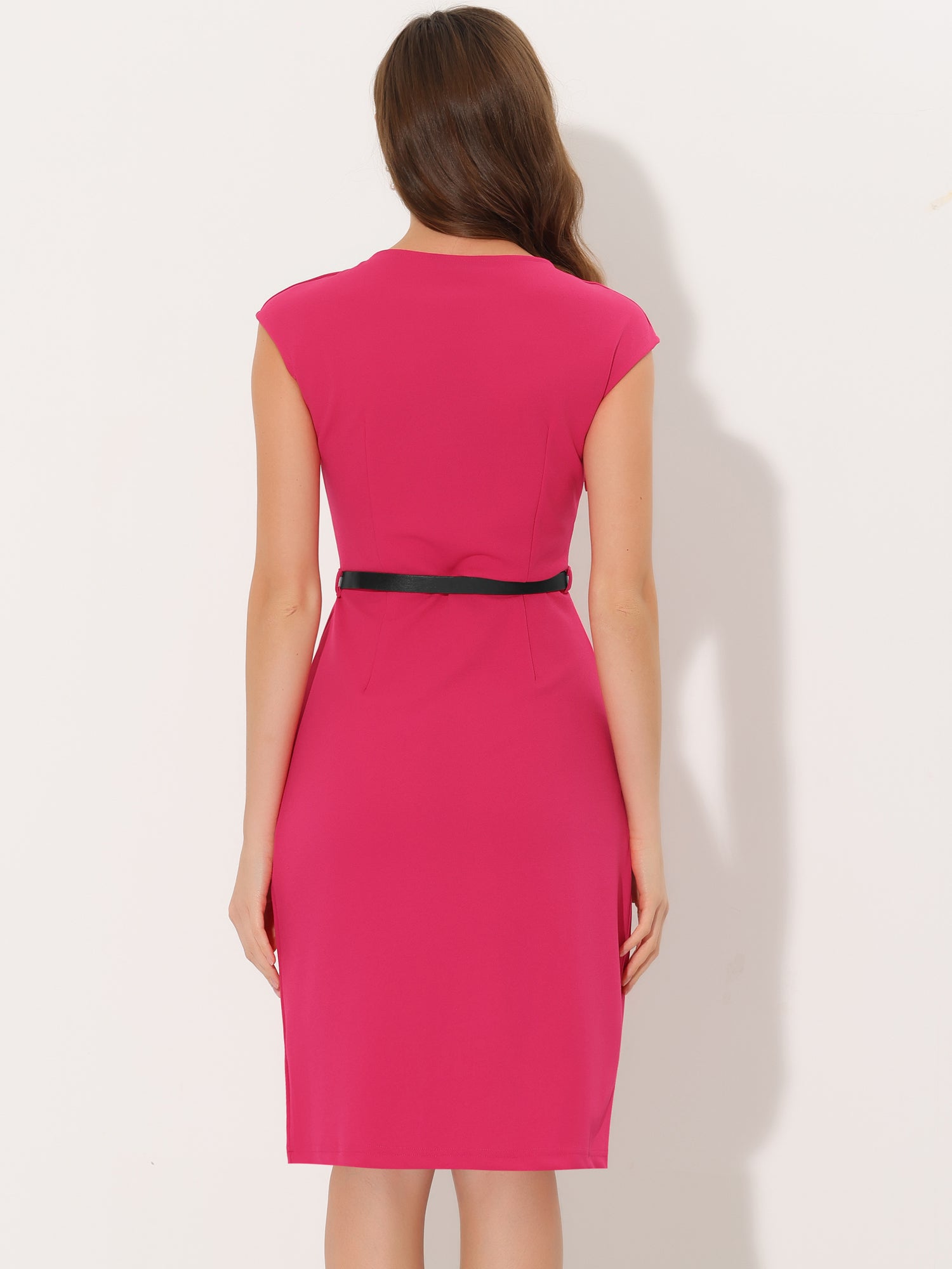 Elegant Business Cap Sleeve Belted Pencil Work Sheath Dress