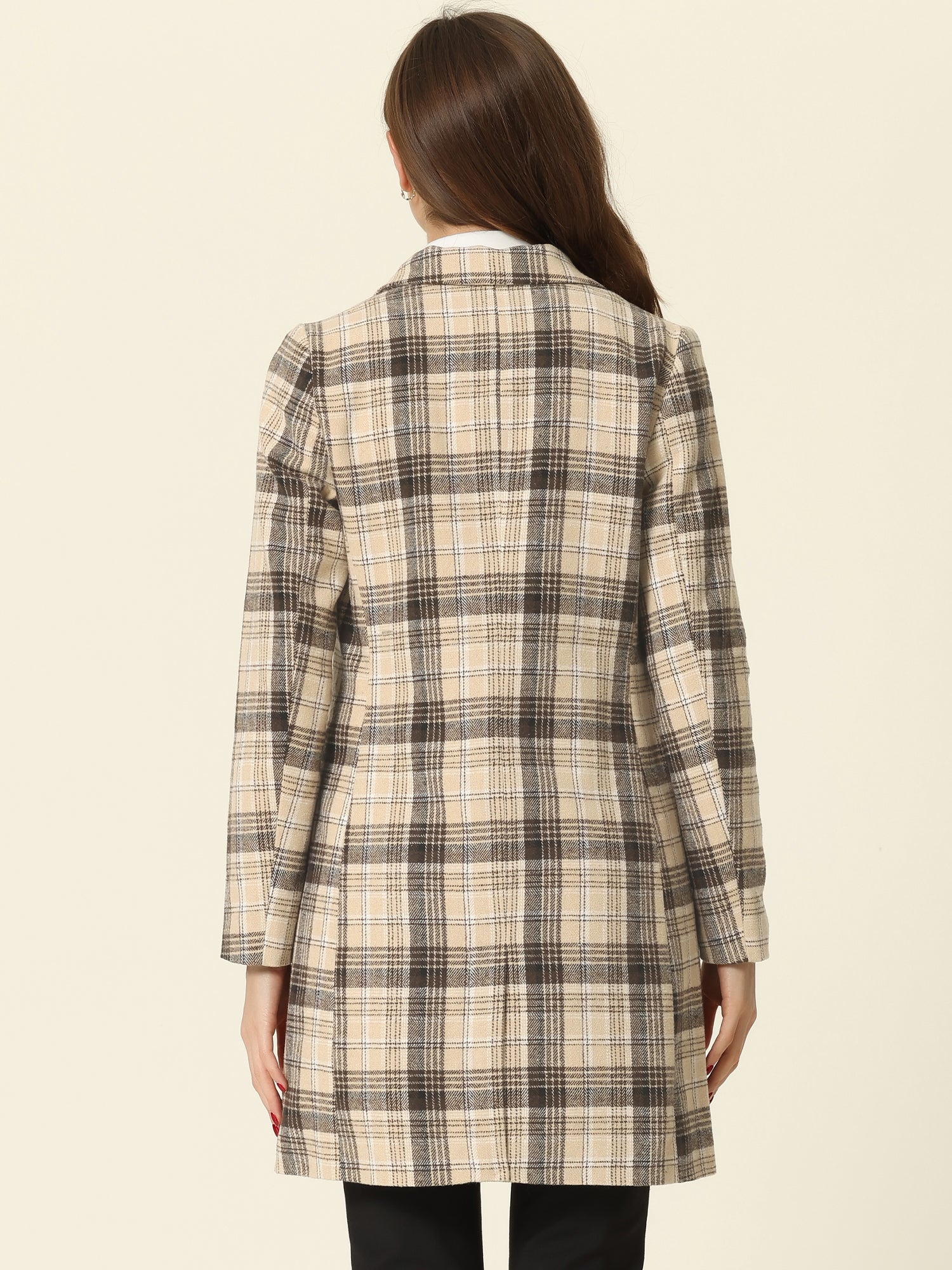 Double Breasted Notched Lapel Plaid Trench Blazer Coat