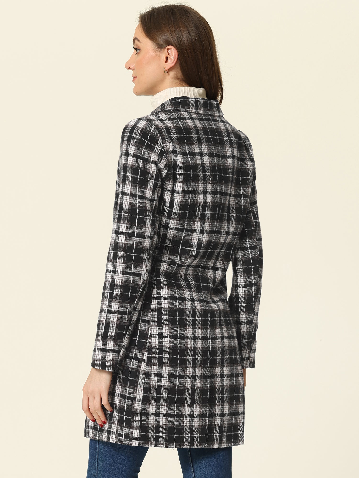 Double Breasted Notched Lapel Plaid Trench Blazer Coat