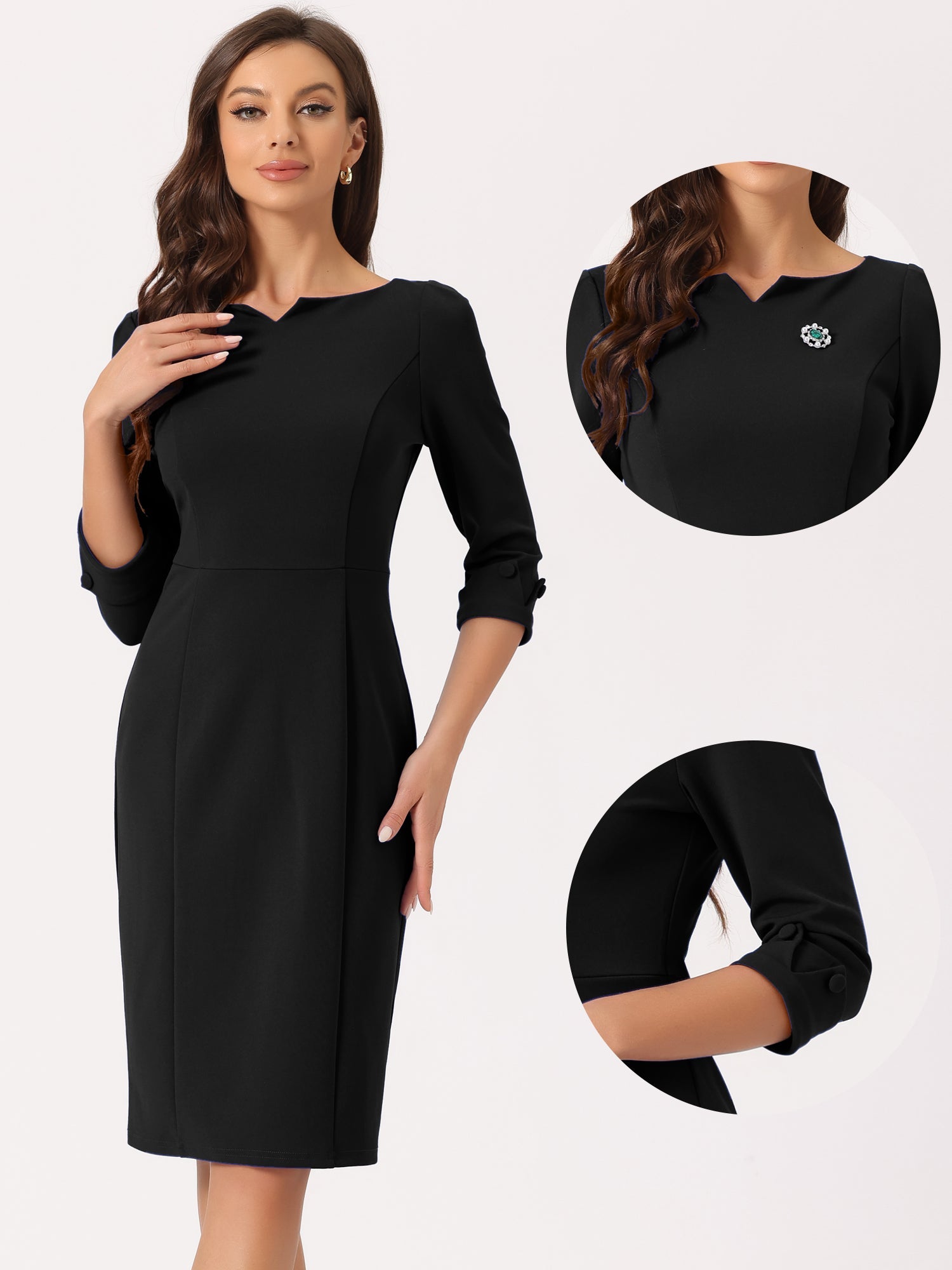 3/4 Sleeve Notch Neck Slim Fit Work Pencil Midi Dress