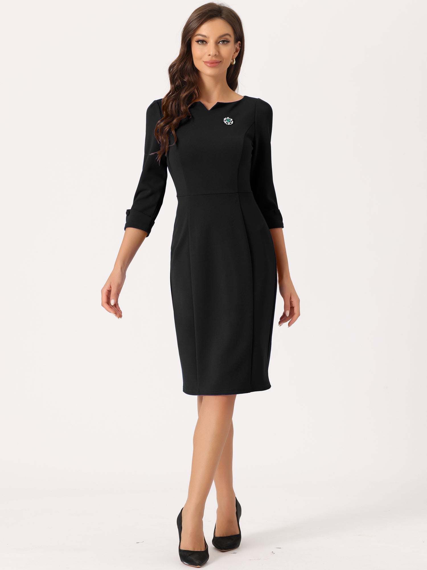 3/4 Sleeve Notch Neck Slim Fit Work Pencil Midi Dress