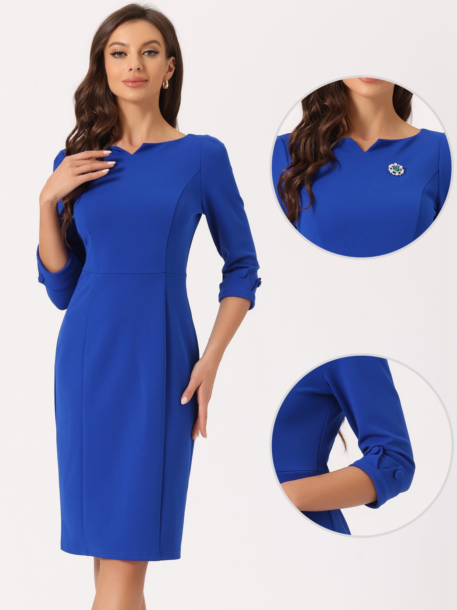 3/4 Sleeve Notch Neck Slim Fit Work Pencil Midi Dress
