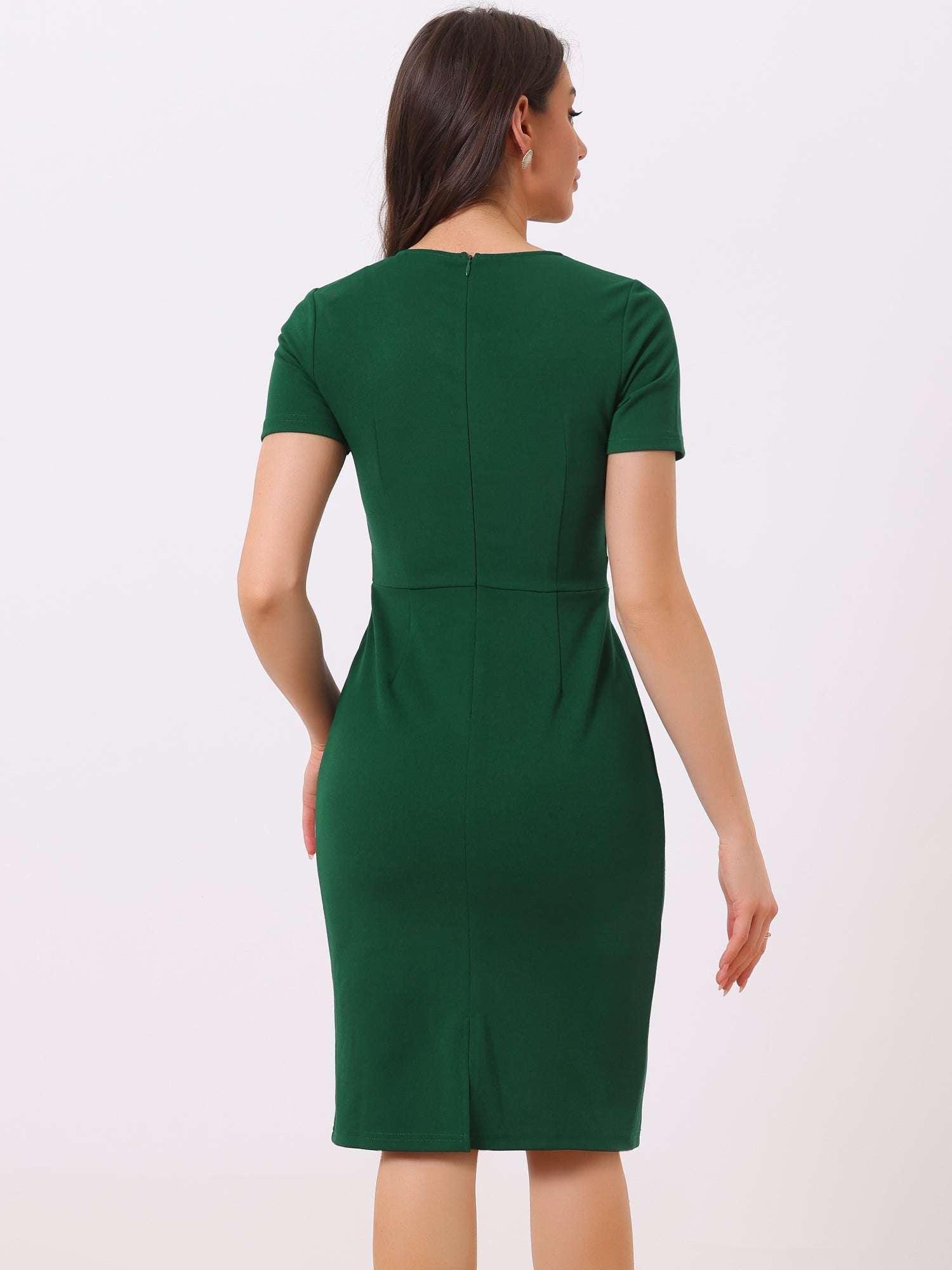 Short Sleeve Button Decor Bodycon Sheath Work Midi Dress