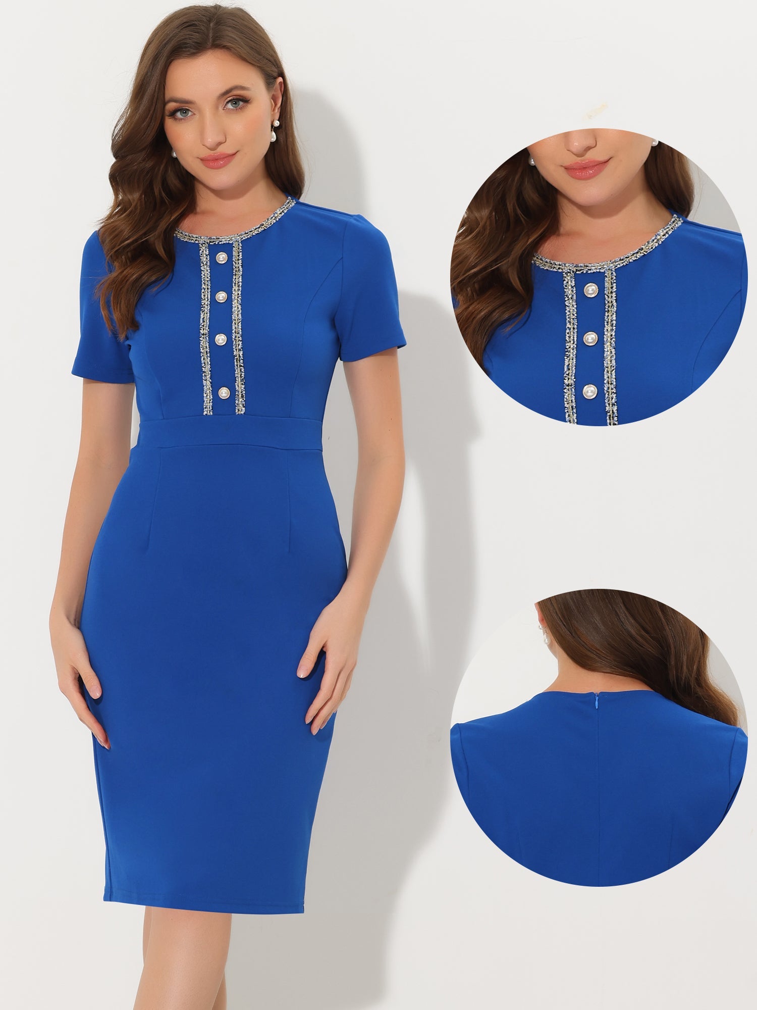 Short Sleeve Button Decor Bodycon Sheath Work Midi Dress