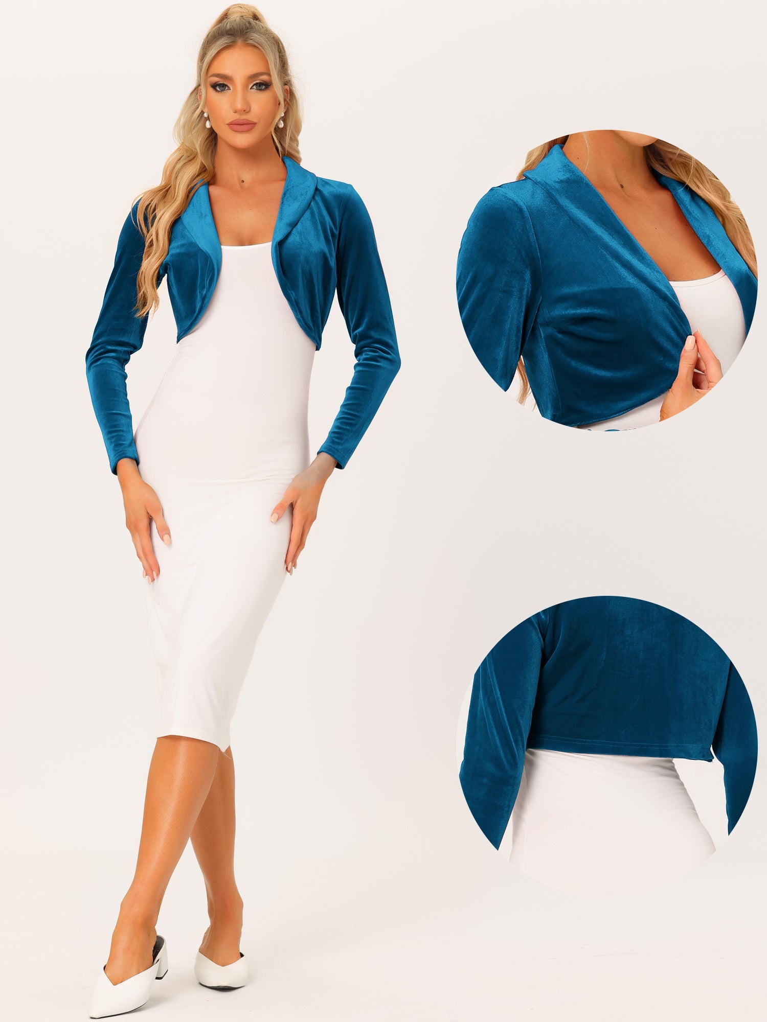 Long Sleeve Lapel Collar Velvet Open Front Cropped Bolero Shrugs