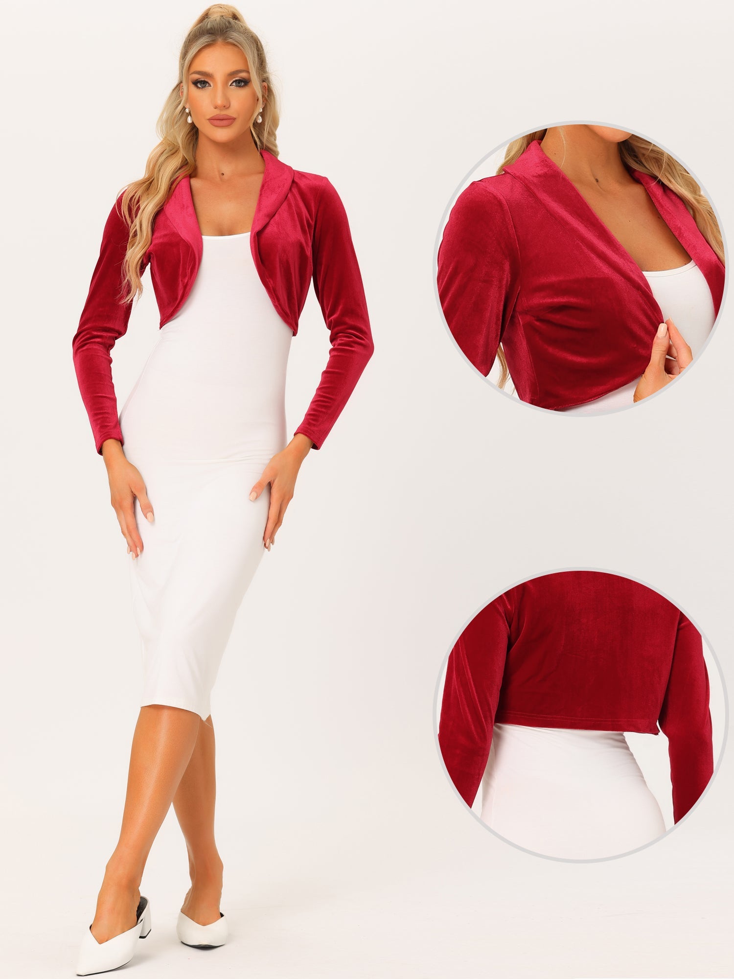 Long Sleeve Lapel Collar Velvet Open Front Cropped Bolero Shrugs