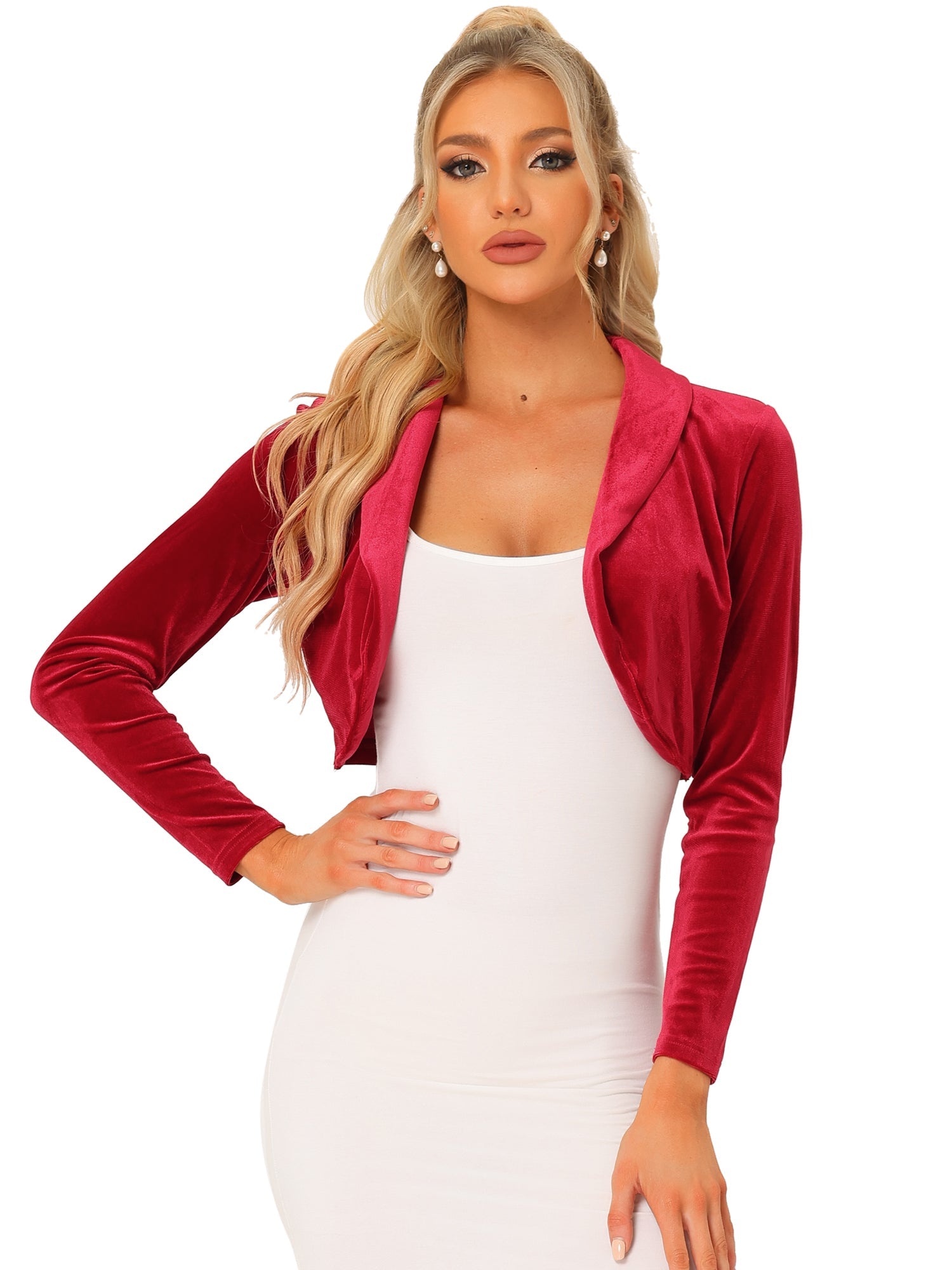 Long Sleeve Lapel Collar Velvet Open Front Cropped Bolero Shrugs