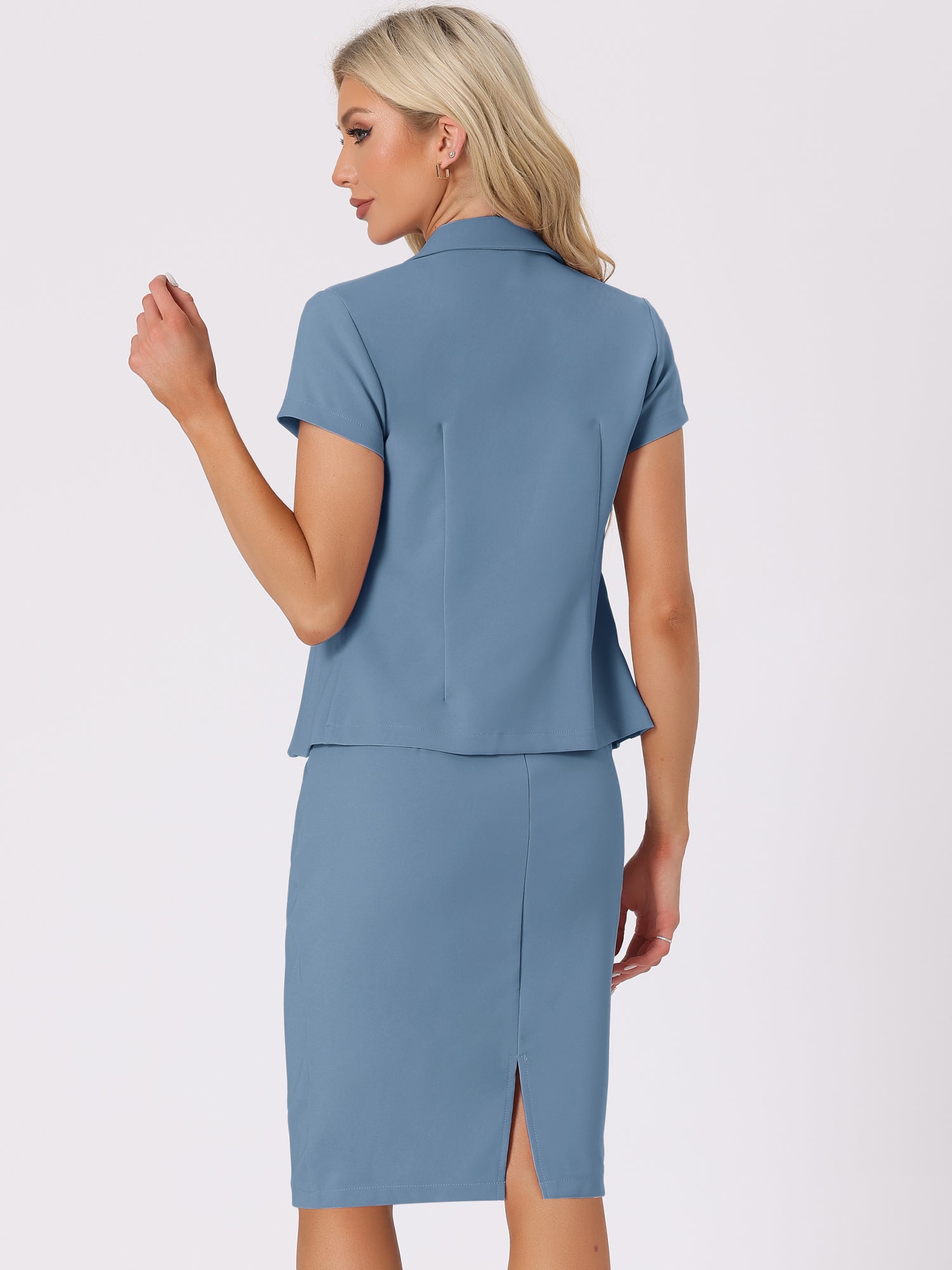 2 Piece Short Sleeve Notched Lapel Blazer Jacket & Pencil Midi Skirt Suit Set